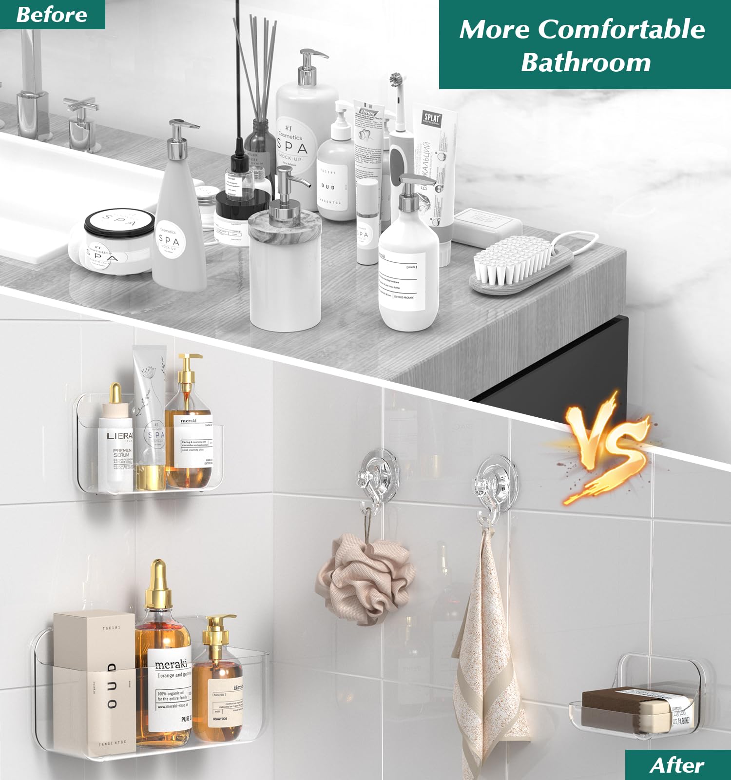 5-Pack Clear Acrylic Shower Shelves - No Drill Adhesive Bathroom Organizer with Soap Holder & Hooks | Wall Mount Storage for Shampoo, Razor & Bath Essentials | Perfect for Small Bathrooms & Apartment Showers