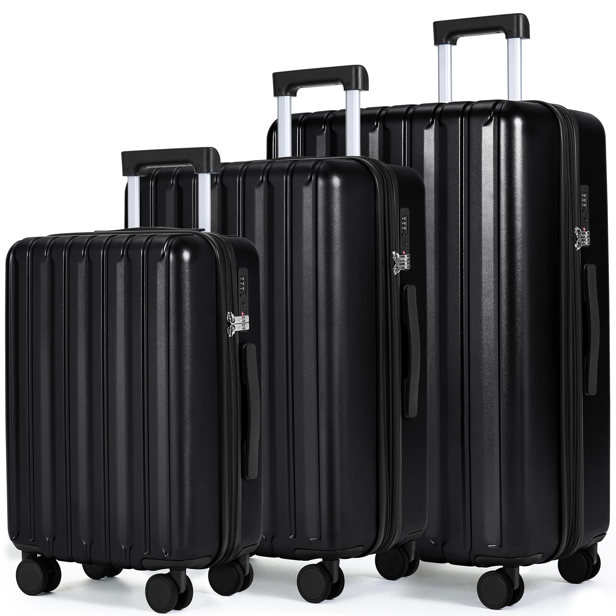 SHOWKOO 3-Piece Hardside Luggage Set - 100% Polycarbonate Ultra Durable Expandable Suitcases with TSA Lock & 360° Spinner Wheels (20in, 24in, 28in, Black) - Perfect for International Travel, Family Vacations & Business Trips