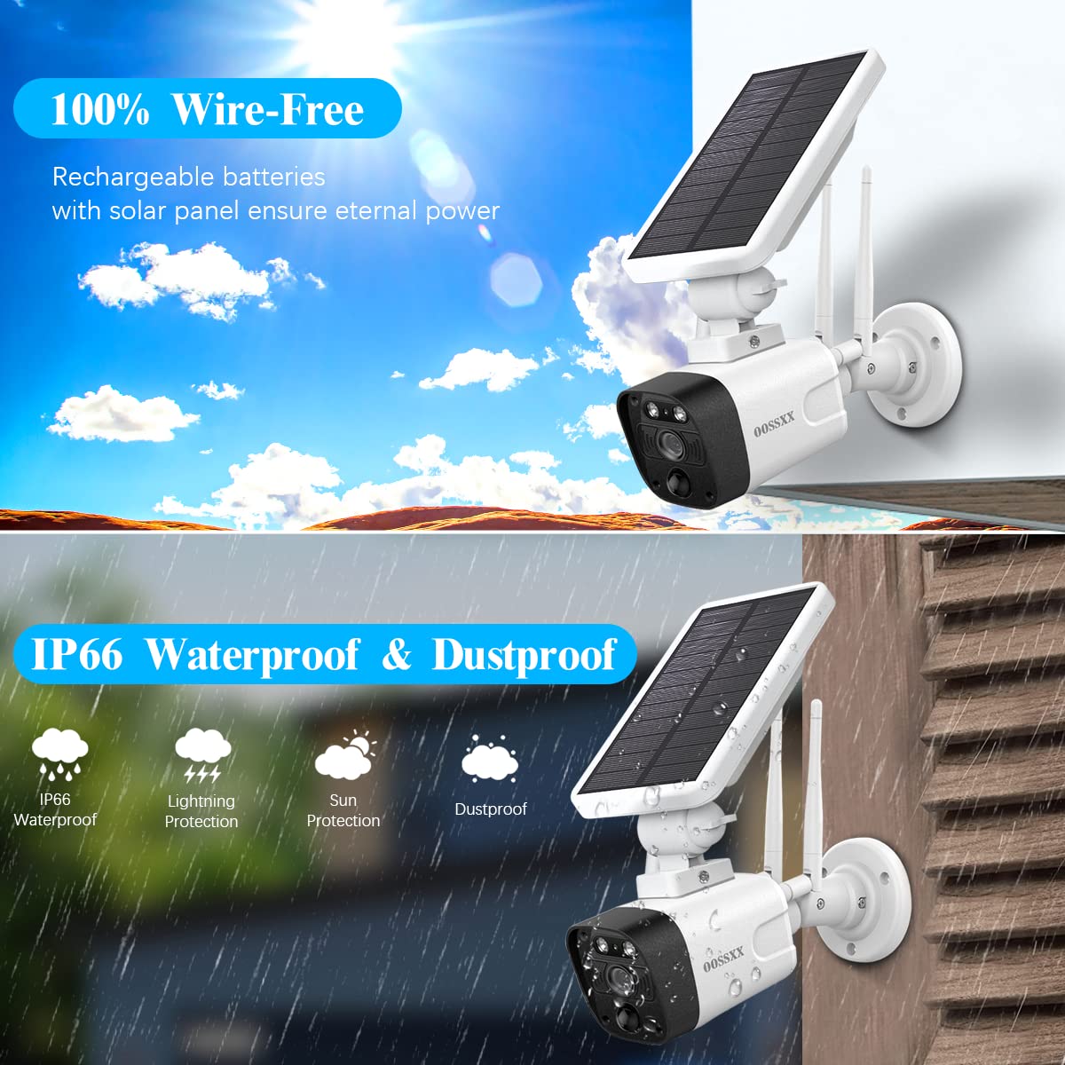 OOSSXX 4MP Solar Security Camera Outdoor Wireless - 2 Pack with Rechargeable Battery, WiFi Home Surveillance, Two-Way Audio & Night Vision | Weatherproof Solar Powered Cameras for Home, Garage & Backyard Security Monitoring