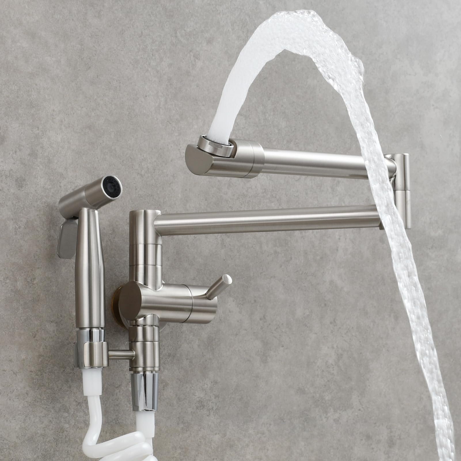 Brass Wall Mount Pot Filler Faucet - Single Hole Folding Stretchable Kitchen Sink Faucet with Sprayer in Brushed Nickel (CT169NA) - Perfect for Cooking, Filling Large Pots & Easy Kitchen Cleanup