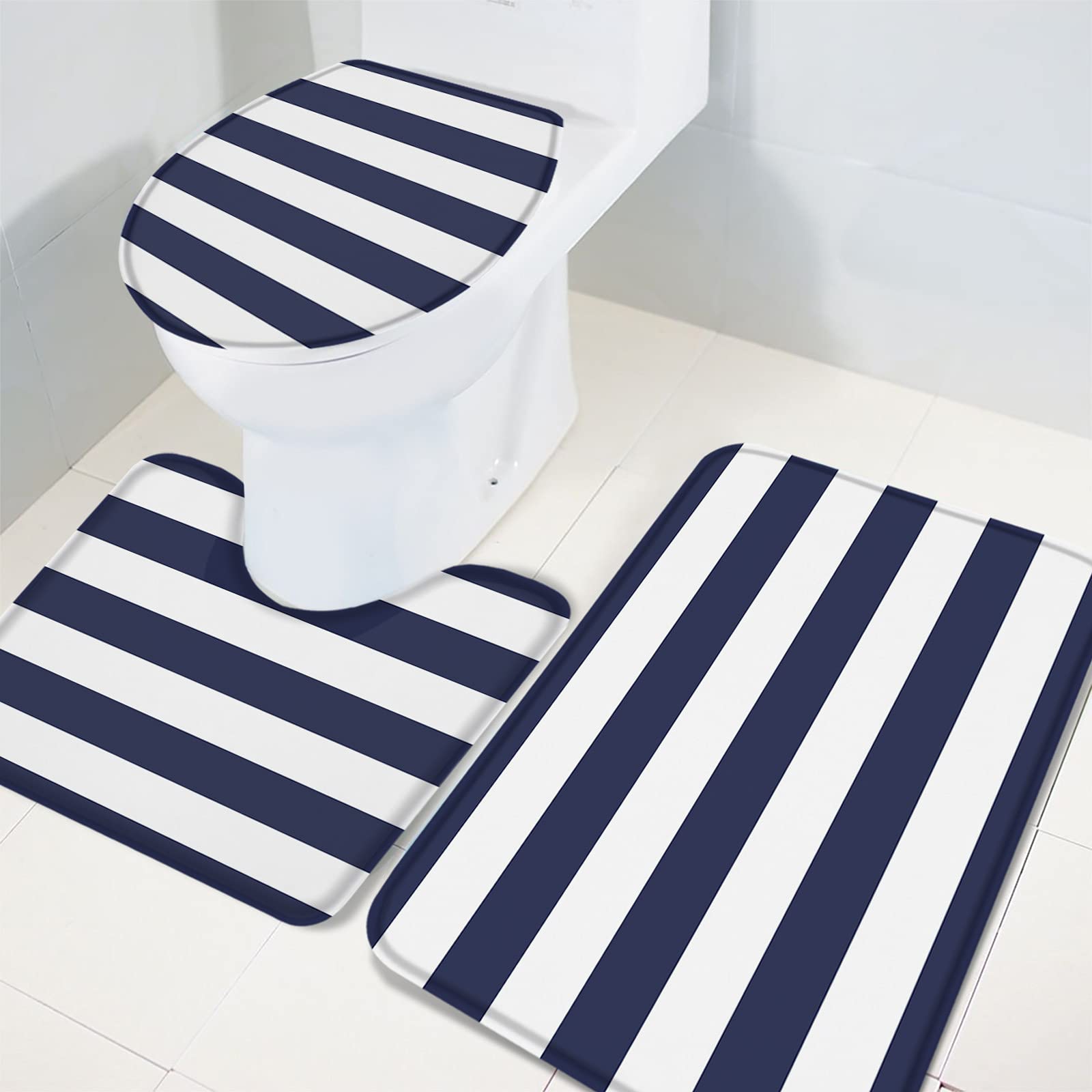 3-Piece Non-Slip Bathroom Rug Set - Navy Blue & White Striped Contour Mat, Toilet Lid Cover & Absorbent Shower Mat - Soft Minimalist Bath Mats for Bathroom Safety and Style - Perfect for Modern Homes, Apartments & Guest Bathrooms