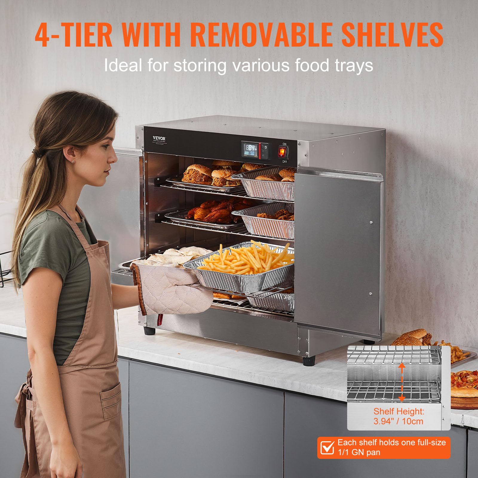 VEVOR 4-Tier Commercial Food Warmer Cabinet - Stainless Steel Concession Warmer with Water Tray, 4 Pans & Adjustable Shelves - Perfect for Restaurants, Catering & Pizza Shops - Keep Pizza, Chicken & Meals Hot for Serving