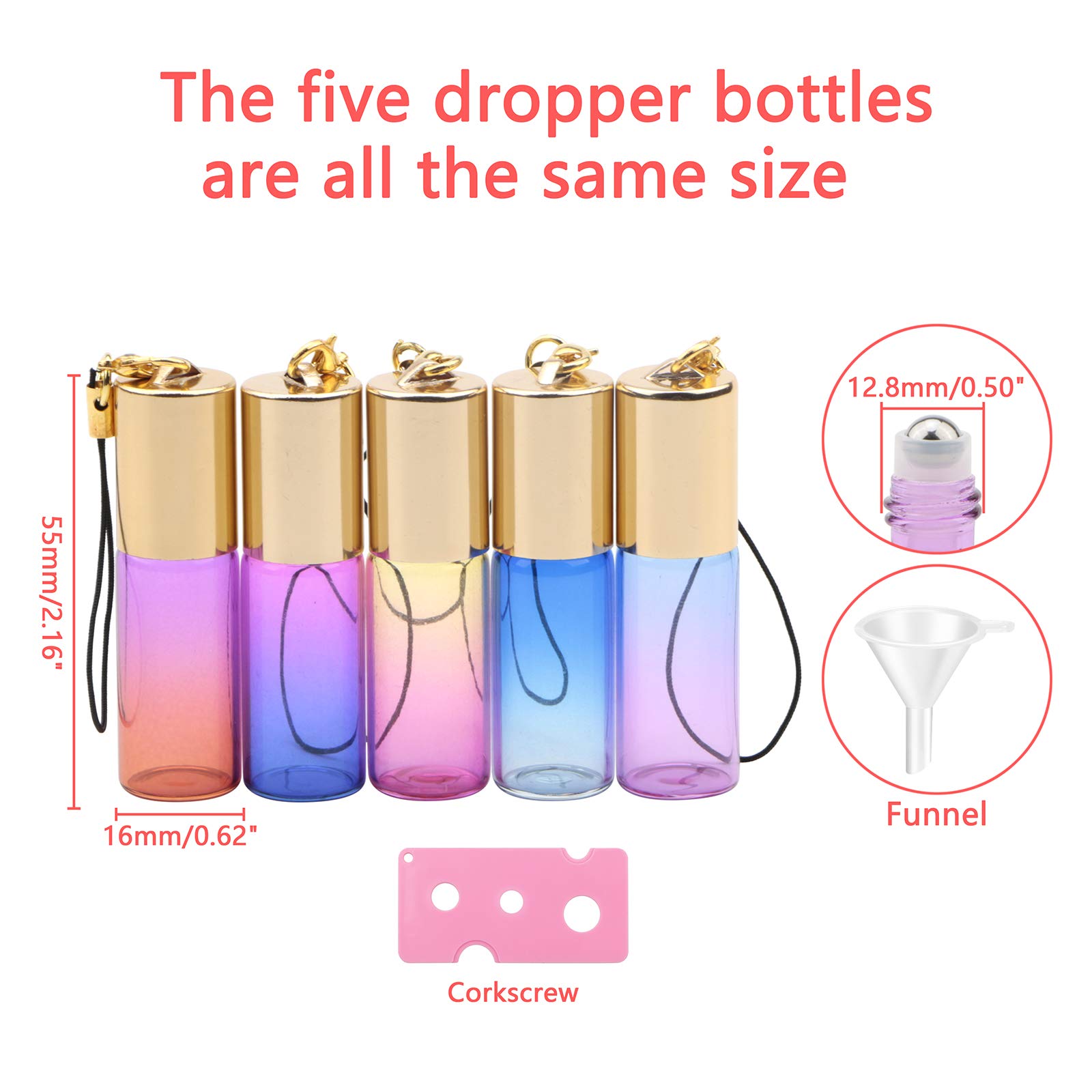 15 Pack 5ml Stainless Steel Ball Roller Bottles with Gold Cap - Gradient Color Glass Essential Oil Roller Bottles for Perfume, Aromatherapy & Organic Oils - Includes 1 Opener + 2 Funnels - Perfect for DIY Essential Oil Blends, Travel & Gift Giving
