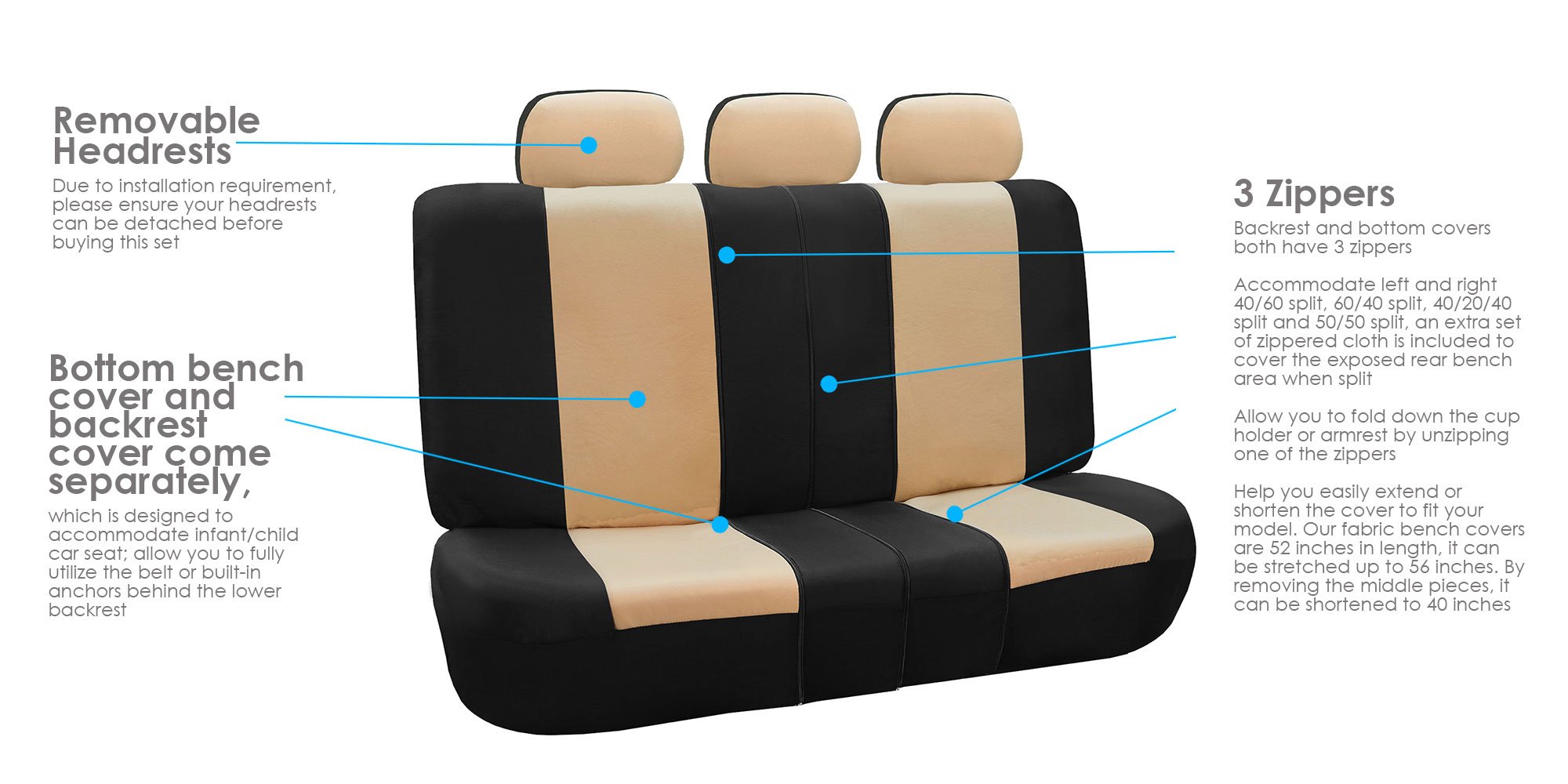 TLH Automotive Classic Khaki Full Set Car Seat Covers - Airbag Compatible, Split Rear Design, Universal Fit for Cars, Trucks & SUVs | Durable Interior Accessories for Daily Commute, Road Trips & Family Travel