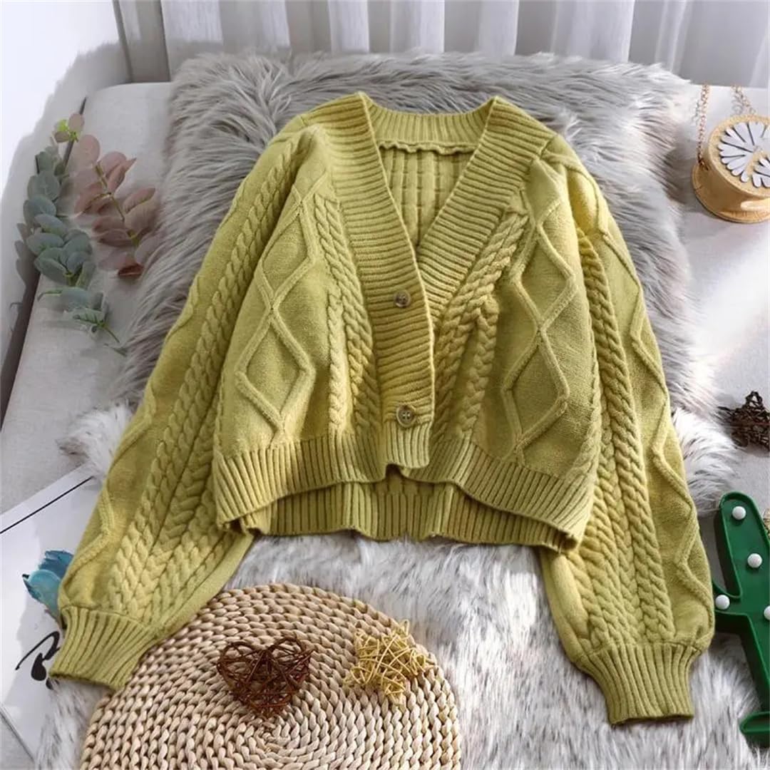 Women's Autumn Winter Knitted Cardigan with Lantern Sleeves - Long Sleeve Solid Color Sweater Coat Jacket for Casual Wear, Office Outfits & Fall Fashion