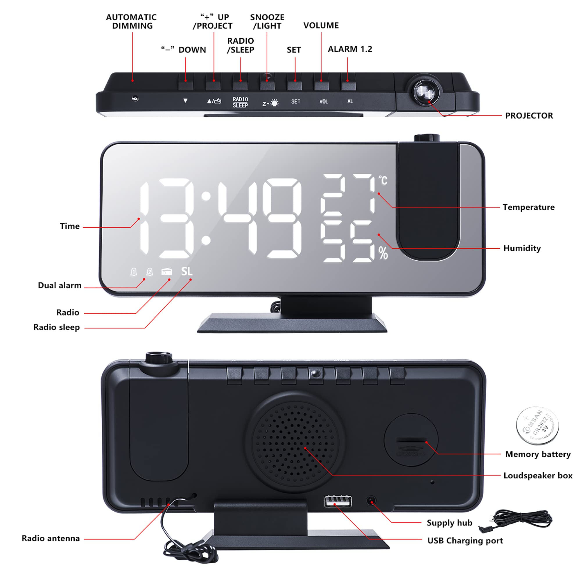 LITEYPP Alarm Clock Radio with 180° Ceiling Projection, Digital Mirror Clock with 7