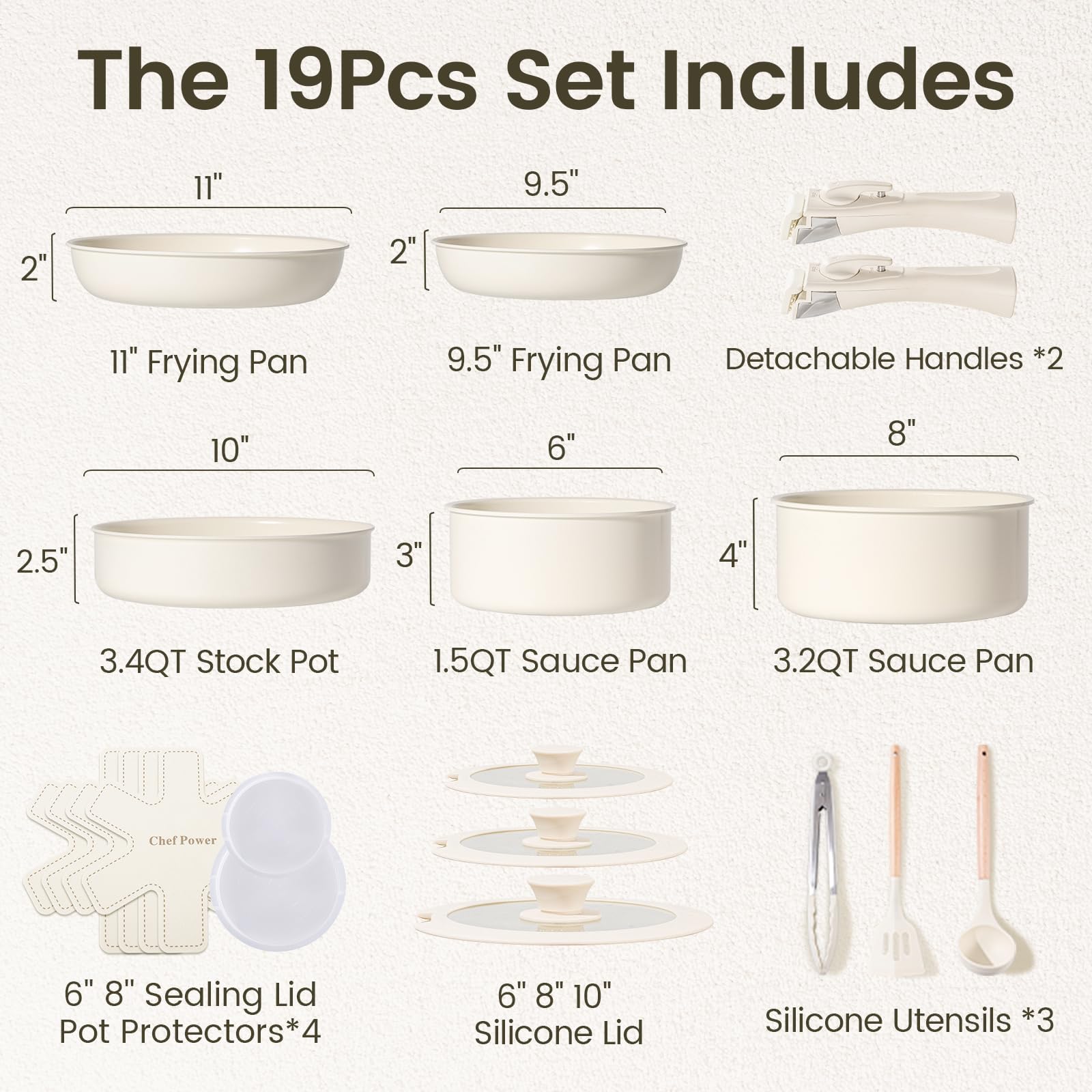 Premium 19-Piece Ceramic Non-Toxic Cookware Set - PFAS/PFOA/PTFE Free, Detachable Handles, Induction & Oven Safe (Cream White) | Healthy Nonstick Kitchen Pots & Pans for Everyday Cooking, Baking & Family Meals | Dishwasher Safe for Easy Cleaning