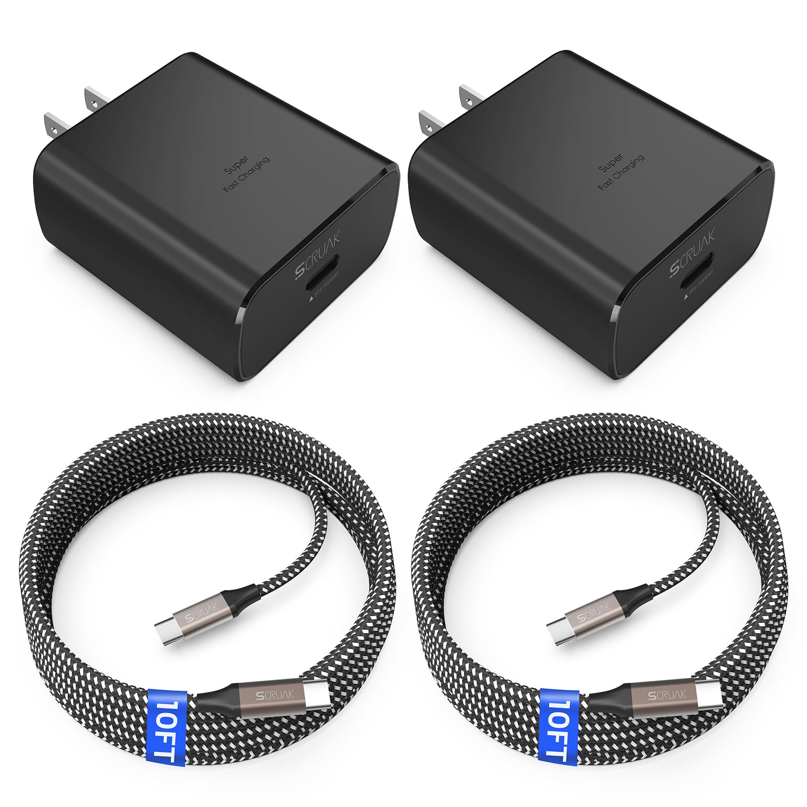 SCRUAK 45W USB-C Fast Charger 2-Pack with 2X 10FT Cables - PD 3.0 Quick Charge for Samsung Galaxy S23/S22/S21/S20, Note 20/10, Tab S9/S8 - Perfect for Home, Office & Travel Charging