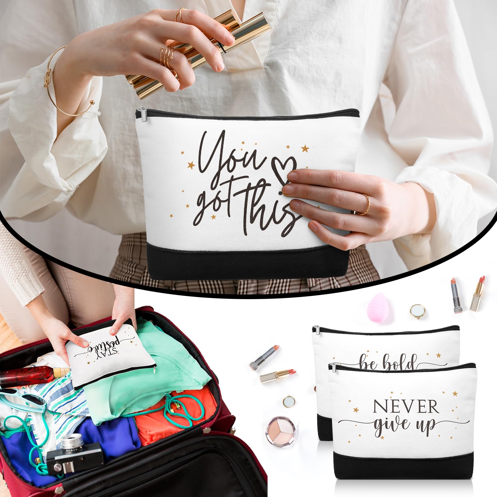 Sanwuta 80 Pcs Inspirational Canvas Makeup Bags with Keychains - Bulk Appreciation Gifts for Women, Nurses, Teachers & Employees - Motivational Signs for Daily Use, Work Encouragement & Special Occasions