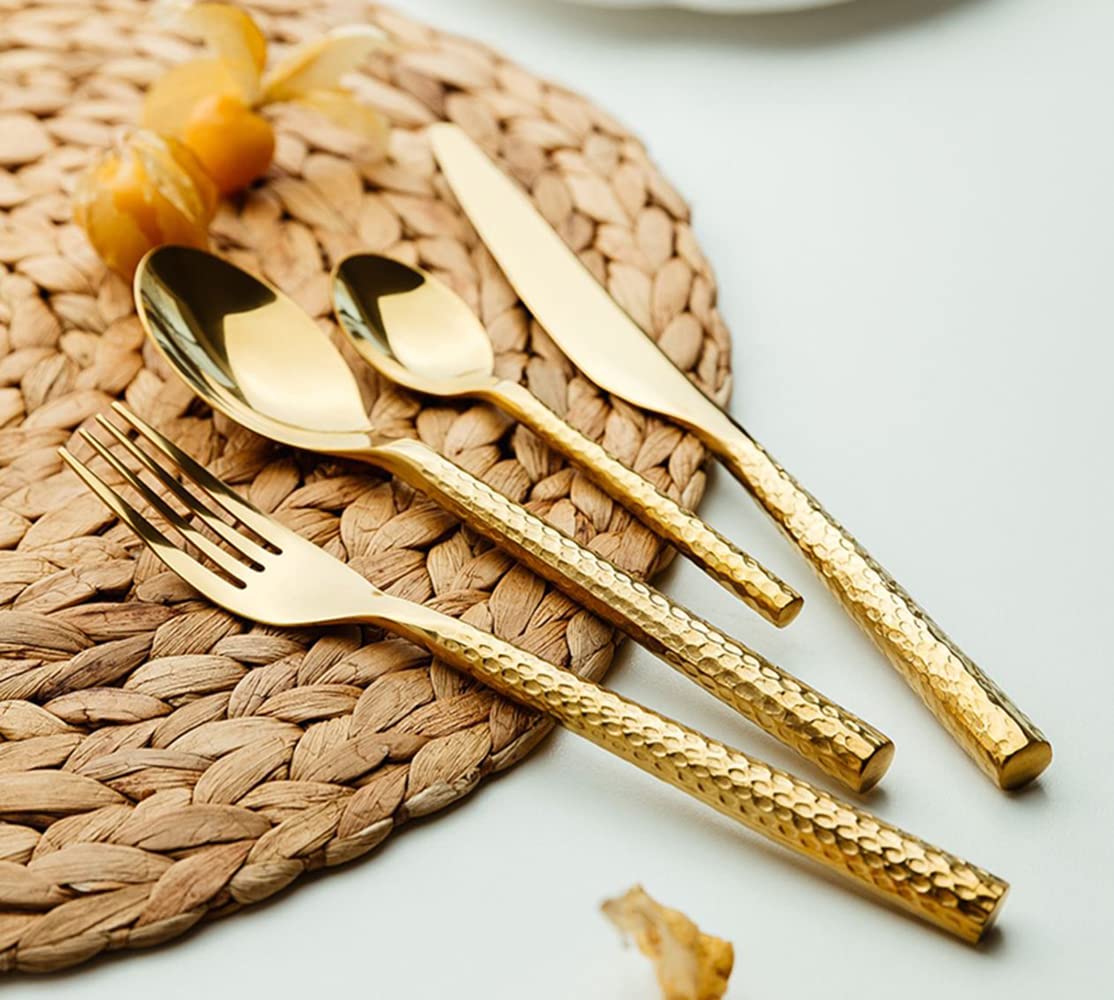 Hammered Gold Silverware Set for 8, 32-Piece Stainless Steel Flatware Set - Modern Dinner Knives, Forks & Spoons - Elegant Metal Tableware Cutlery for Home & Kitchen - Perfect for Dinner Parties, Weddings & Holiday Gatherings