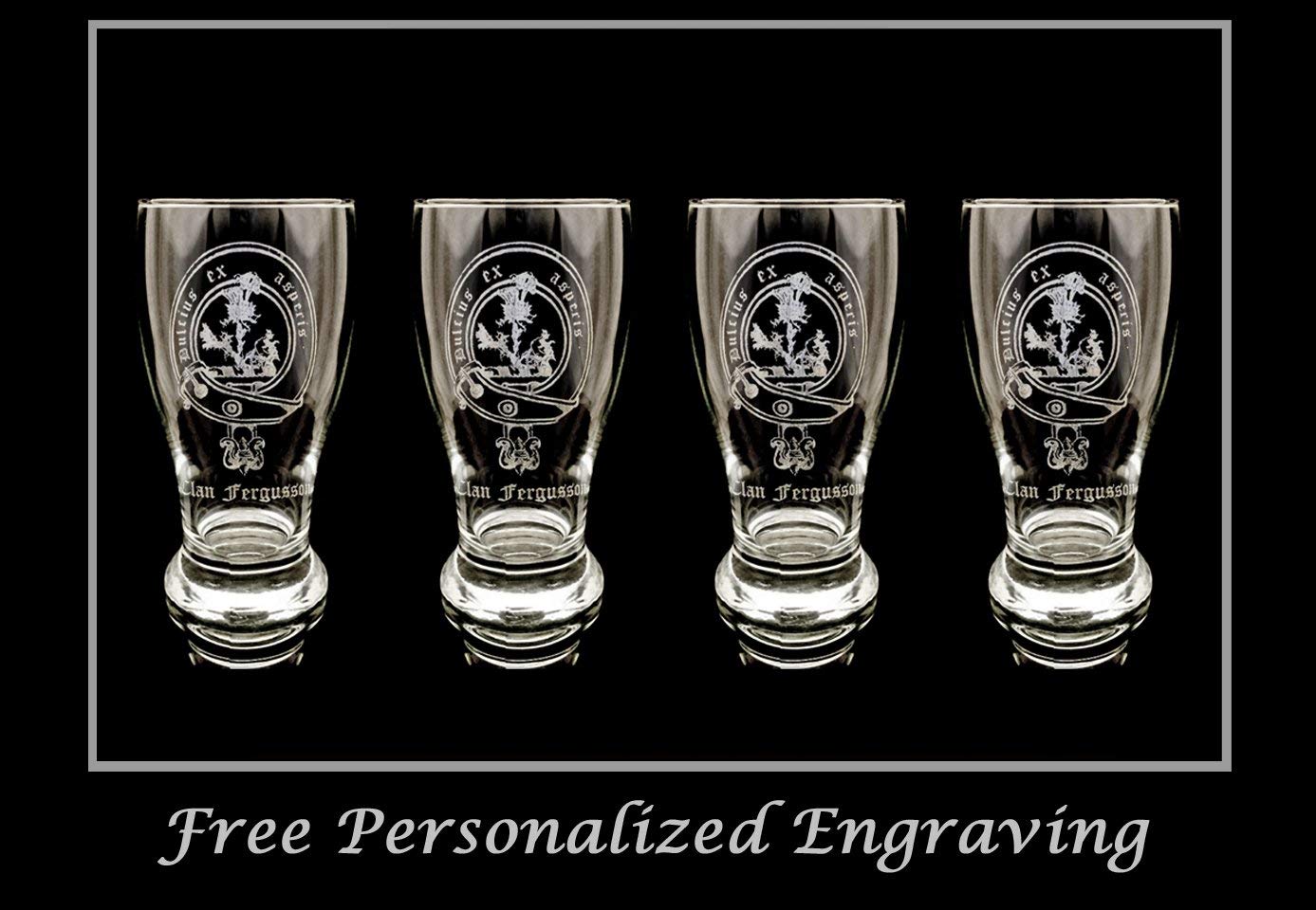 Fergusson Clan Scottish Crest Pint Glass Set of 4 - Personalized Engraved Whiskey Beer Mugs for Pub, Home Bar & Gifts