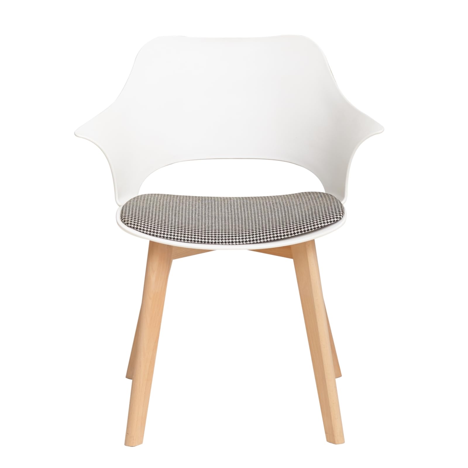 Modern Nordic Style Dining Chairs Set of 4 - White Linen Plaid Upholstered Kitchen Chairs with Armrests & Beech Wood Legs for Home, Restaurant, and Cafe Decor