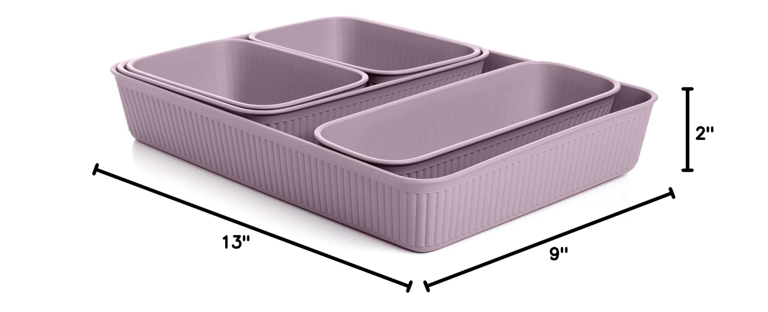 Superio Ribbed Collection - 5-Pack Decorative Plastic Drawer Organizer Trays in Lilac Purple, Open Storage Bins for Home & Office - Perfect for Closet Shelves, Desk Drawers & Bathroom Organization