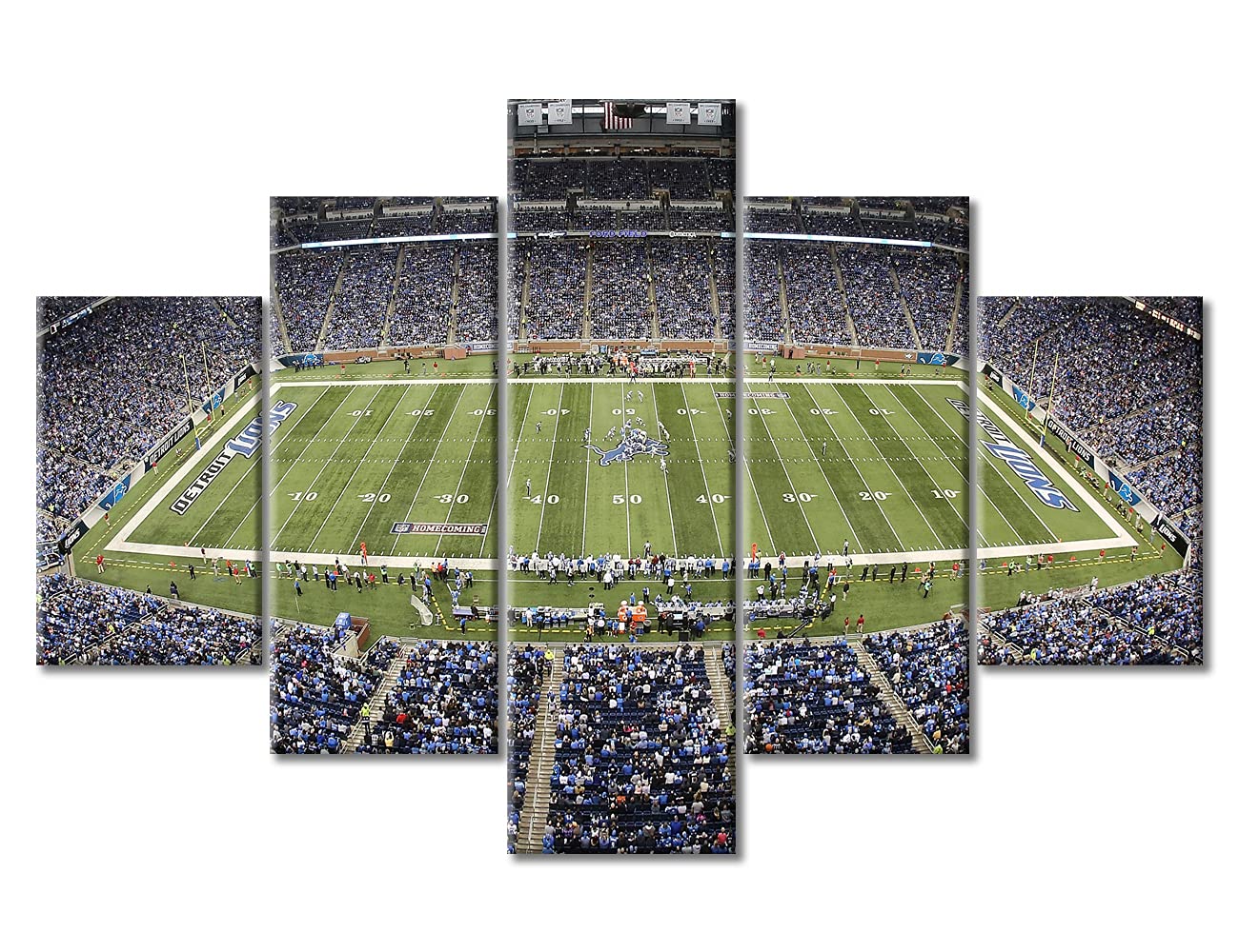 Detroit Football Stadium Wall Art - 5 Piece Canvas Poster Set with Wooden Frame, 60