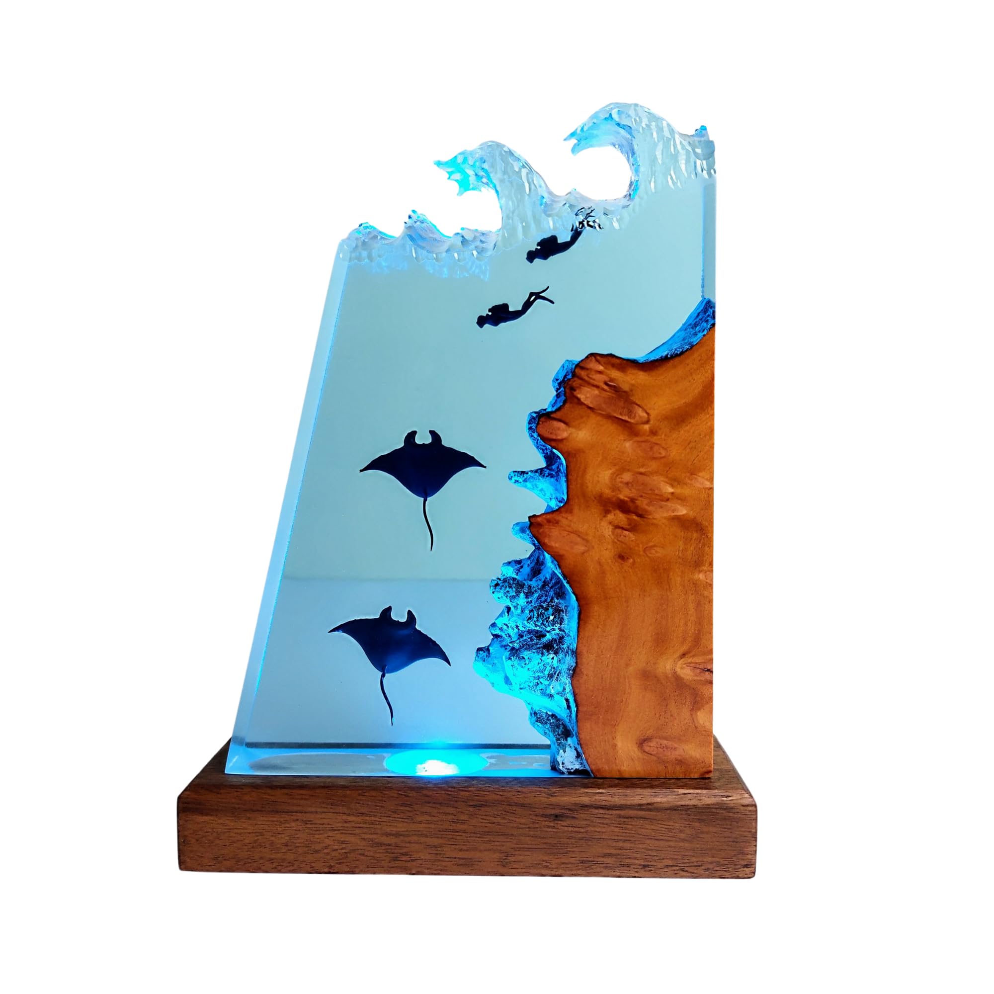 **Manta Ray and Diver Scuba Resin Wood Lamp – Deep Blue Sea Night Light, Ocean Theme Diorama Decor, Large Epoxy Resin Table Lamp for Bedroom, Living Room, Office – Unique Gift for Men & Women (12x6 Inches)**