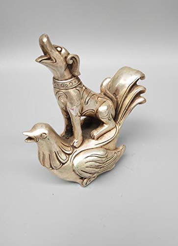 Antique Chinese White Copper Dog Sitting on Phoenix Statue - Handcrafted Home Decor, Feng Shui Gift for Living Room & Office