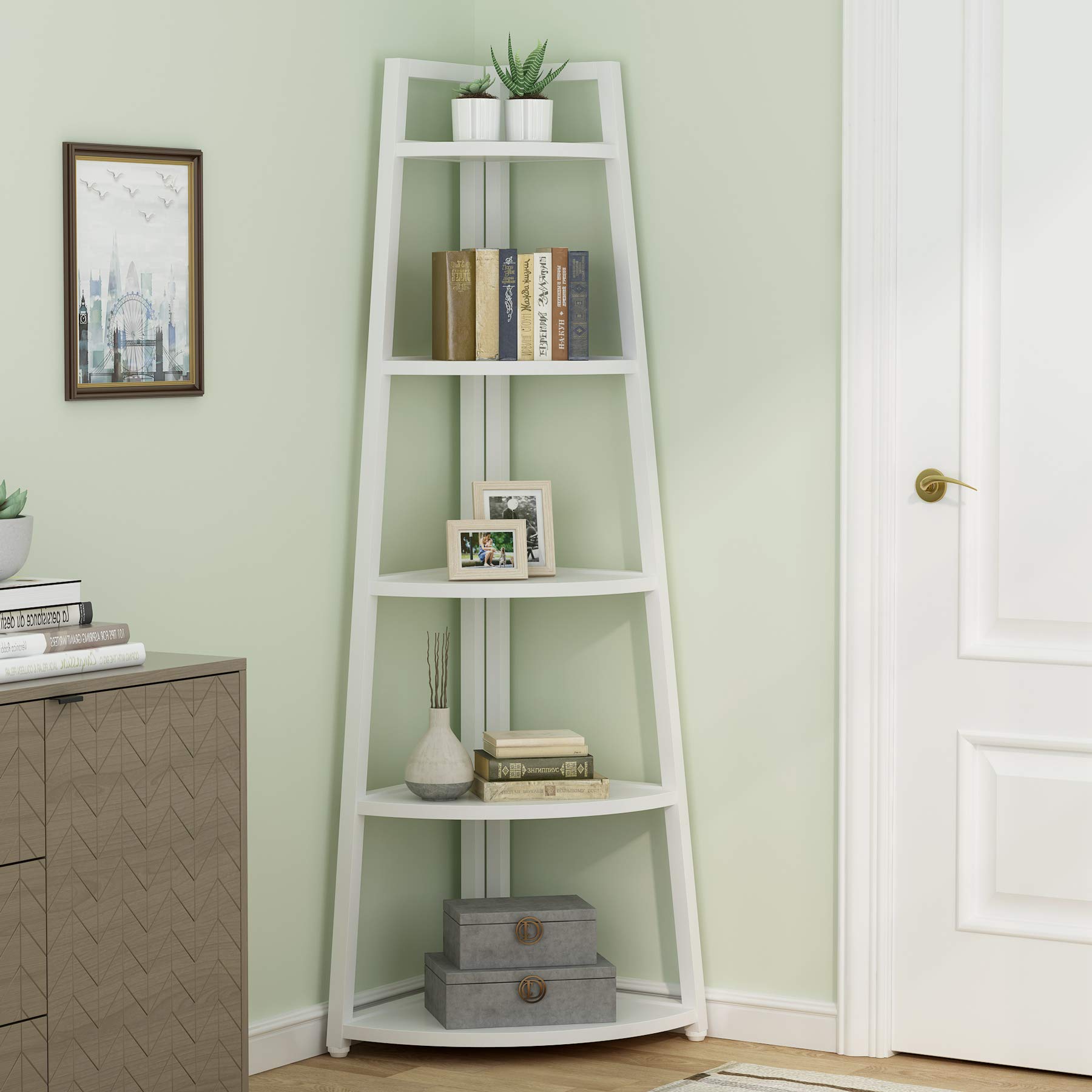 5-Tier Corner Bookshelf - 70 Inch Tall A-Shaped Display Shelf for Living Room, Kitchen, Bedroom | Modern Space-Saving Storage Solution for Books, Decor & Small Spaces (White)
