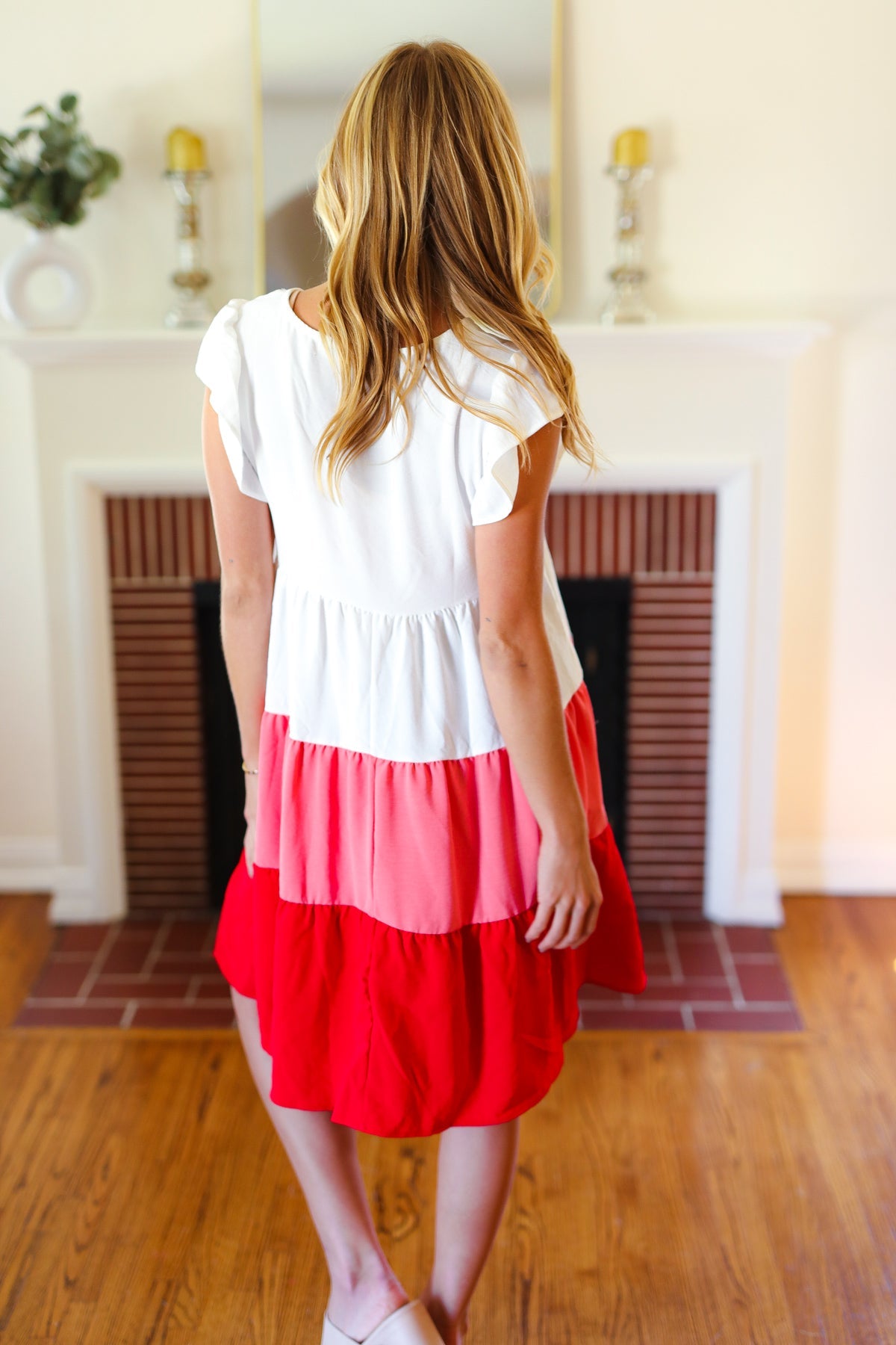 Peach & Cherry Red Tiered Frill Sleeve Midi Dress - Elegant Summer Party & Wedding Guest Outfit