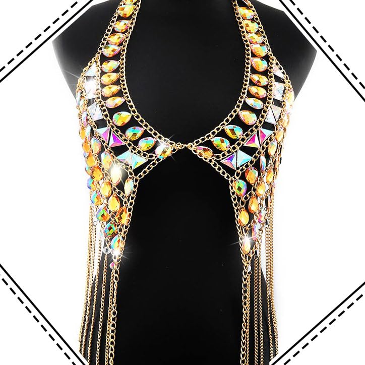 Gold Rhinestone Body Chain for Women - Sexy Bra Top Jewelry for Rave, Bikini, Nightclub & Festival Outfits | Elegant Belly Dance & Party Accessory