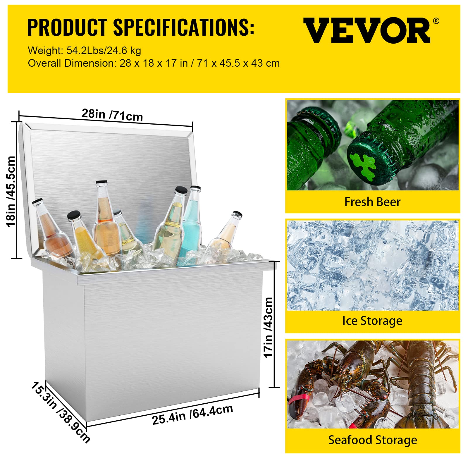 VEVOR 40QT Stainless Steel Drop-In Ice Chest Cooler - 24