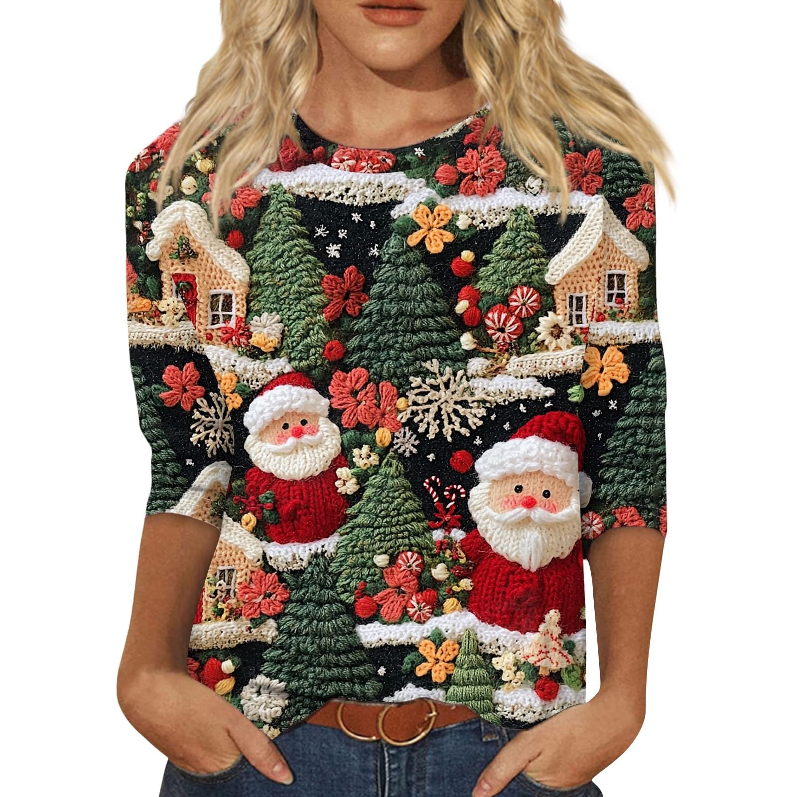 NAMTYQX Women's Christmas T-Shirts - 3/4 Sleeve Crewneck Loose Fit Plus Size Holiday Blouse with Festive Print | Perfect Gift for Christmas Parties & Family Gatherings