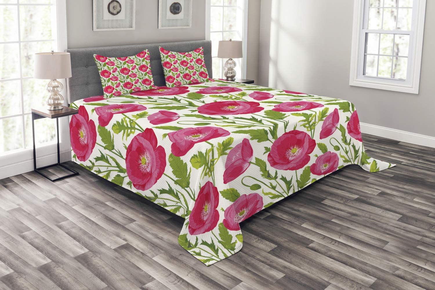 Ambesonne Poppy Flower Bedding Set - Watercolor Leaves & Petals Bouquet Romantic 3-Piece King Size Bedspread with 2 Pillow Shams in Green Pink Cream | Valentine's Day Gift, Boho Chic Bedroom Decor, Master & Guest Room Styling