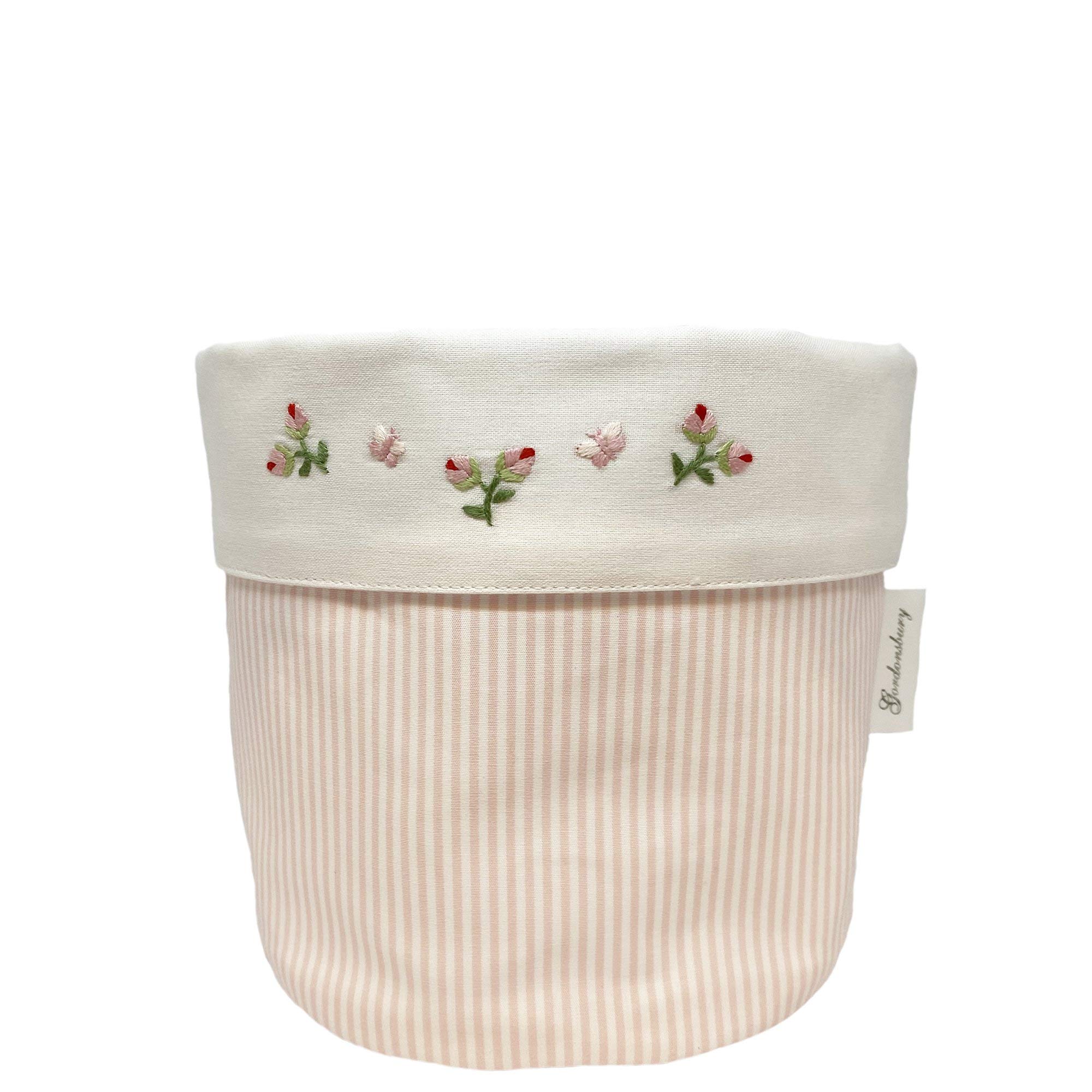 Elegant Pink Stripe Tissue Box Cover with Hand Embroidered Baby Rosebuds - Decorative Floral Tissue Holder for Home, Office, and Gift Giving