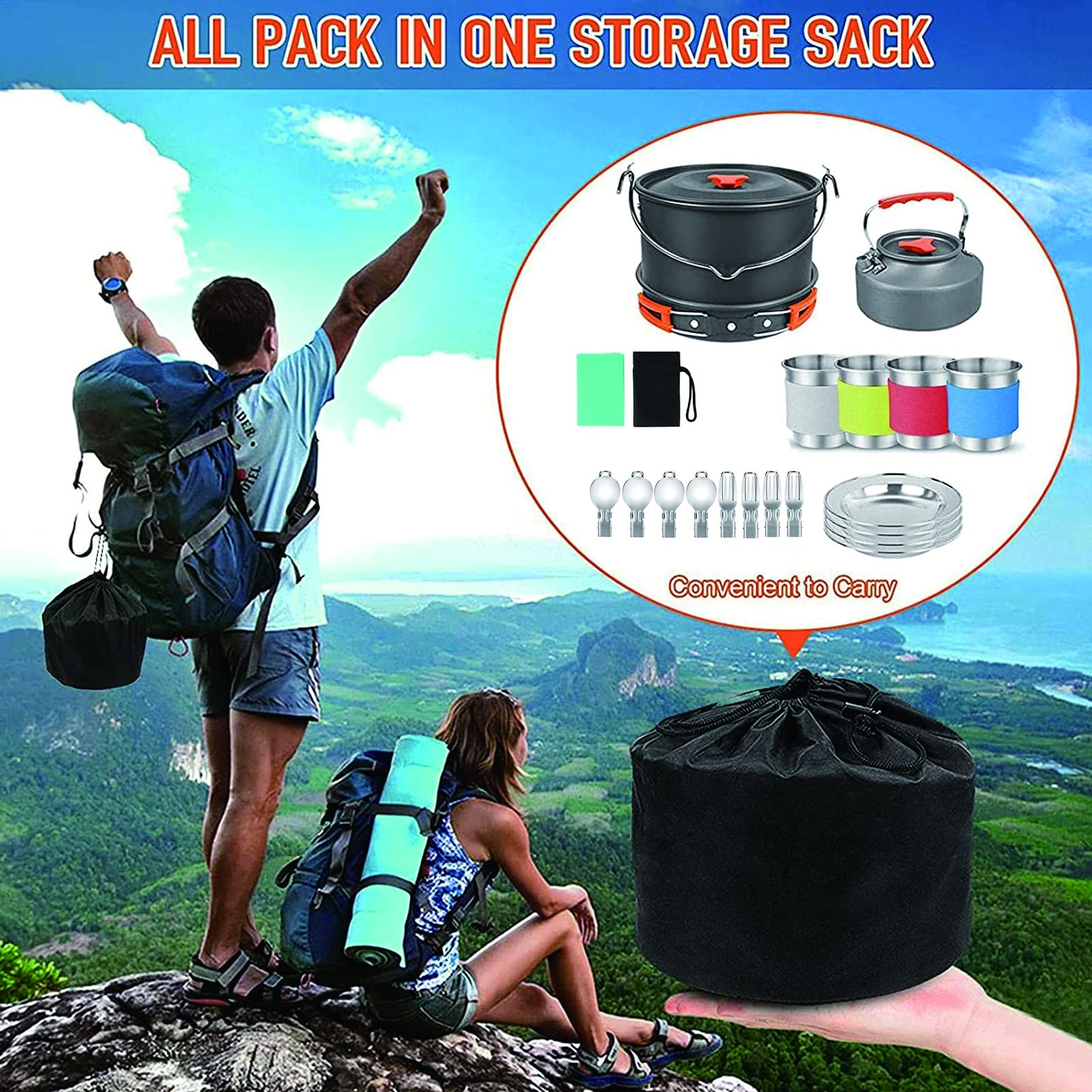 Portable Stainless Steel Camping Cookware Set with Kettle for 3-4 People - Outdoor Cooking Kit for Camping, Hiking, Picnics & Backpacking | Durable & Lightweight for Easy Outdoor Meals