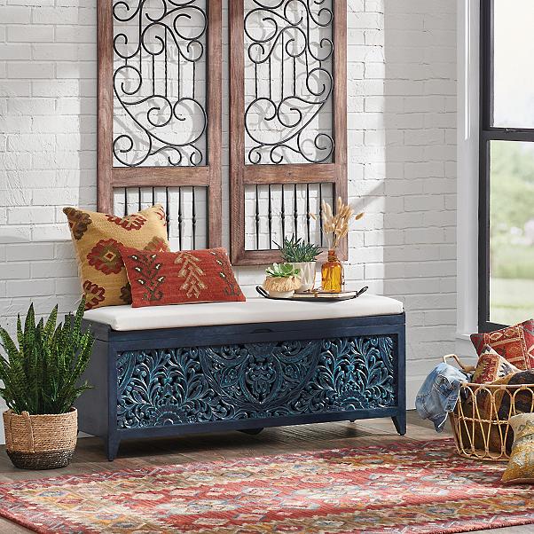 Hand Carved Indian Storage Bench - Wooden Entryway Bench with Storage, Boho Decor for Living Room, Bedroom & Hallway - Perfect for Shoe Storage, Blankets & Home Organization