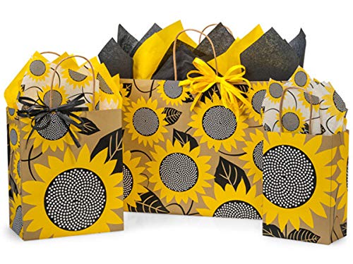 125-Pack Sunflower Fields Pattern Paper Shopping Bags - Eco-Friendly Kraft Gift Bags for Retail, Parties & Wedding Favors