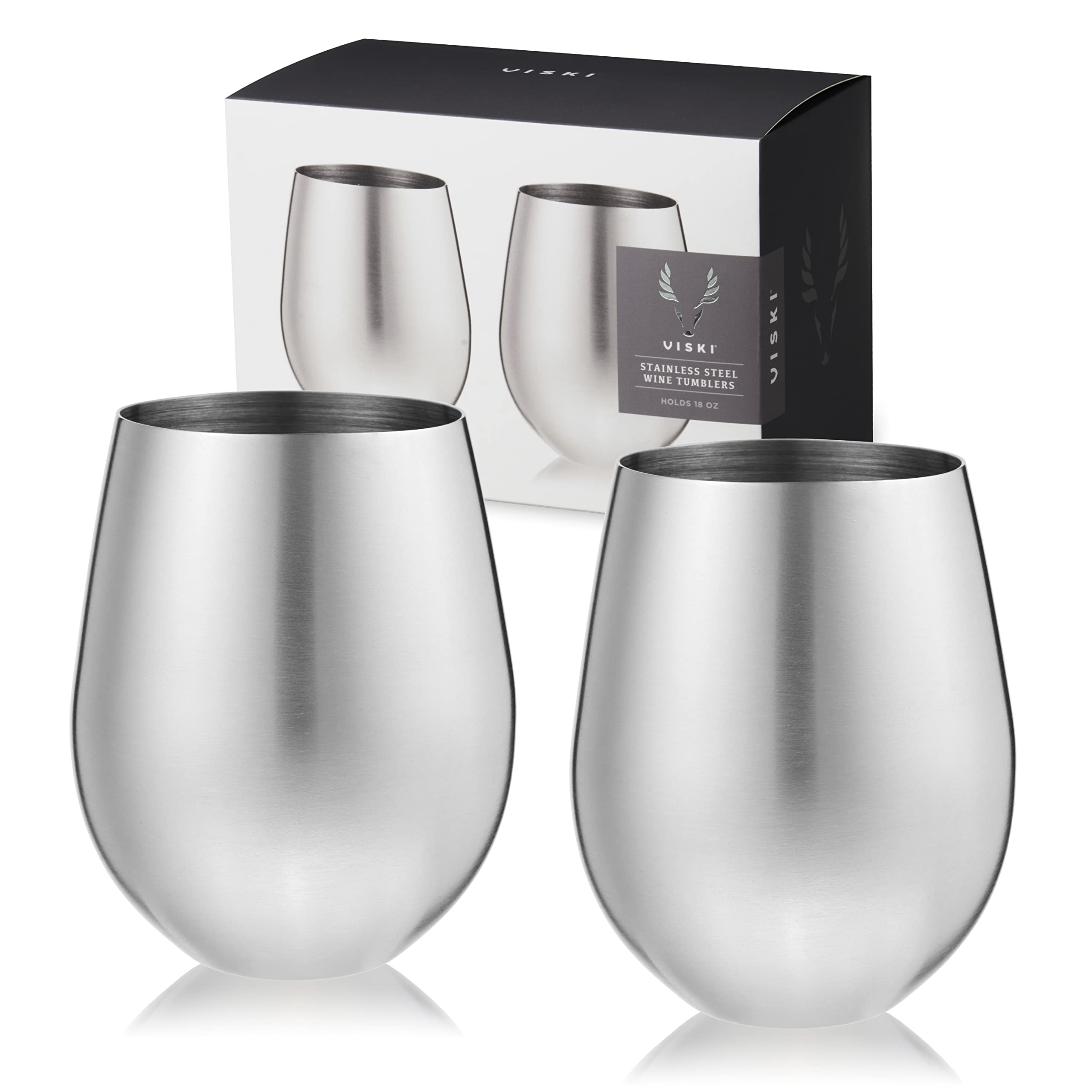 Viski 18oz Stainless Steel Wine Tumbler Set of 2 - Stemless Wine Glasses with Double Wall Insulation for Hot & Cold Drinks - Perfect for Parties, Picnics, and Home Entertaining