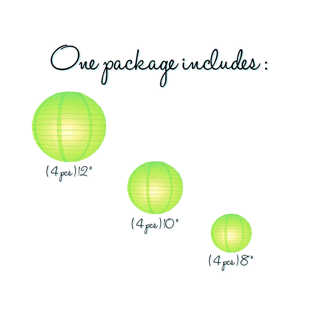 12-Piece Light Lime Green Paper Lantern Set - Chinese Hanging Decorations for Wedding, Party & Festival (12/10/8 Inch) - Perfect for Indoor/Outdoor Asian-Themed Events