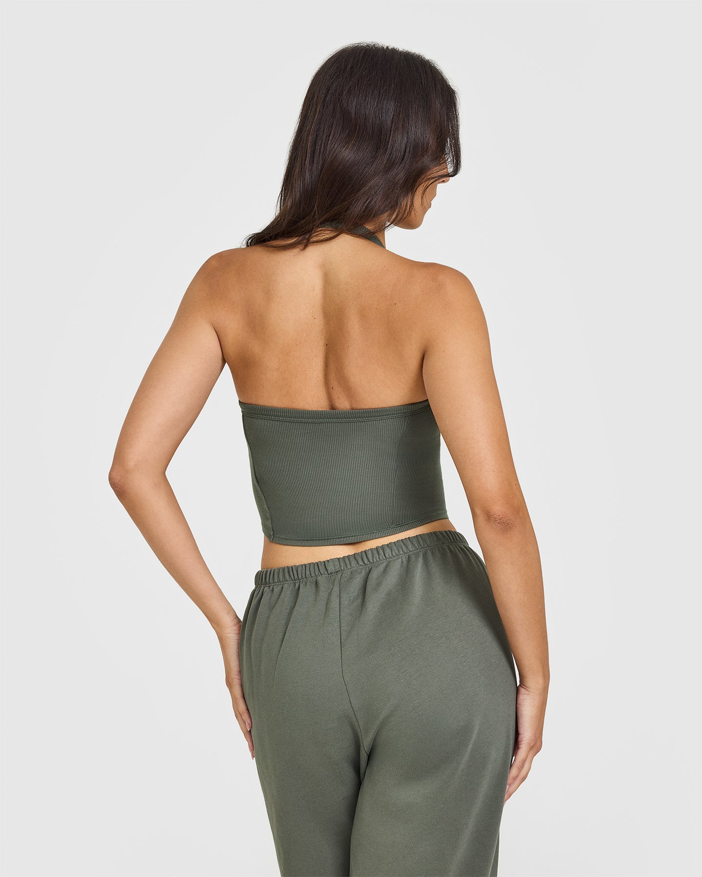 Mellow™ Rib Halter Neck Mid Vest with Built-in Bra Shelf - Dark Khaki | Women's Fashion Top for Summer, Beach, Yoga & Casual Wear