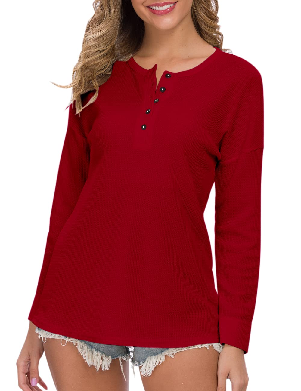 MOLERANI Women's Waffle Knit Tunic Top - Loose Fit Long Sleeve Button Up V-Neck Henley Shirt for Casual Wear, Office & Layering