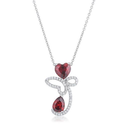 3.2ct Garnet & CZ Heart Drop Necklace in Rhodium - Elegant Abstract Jewelry for Women, Valentine's Day Gift, Anniversary Present, Party Wear & Special Occasions