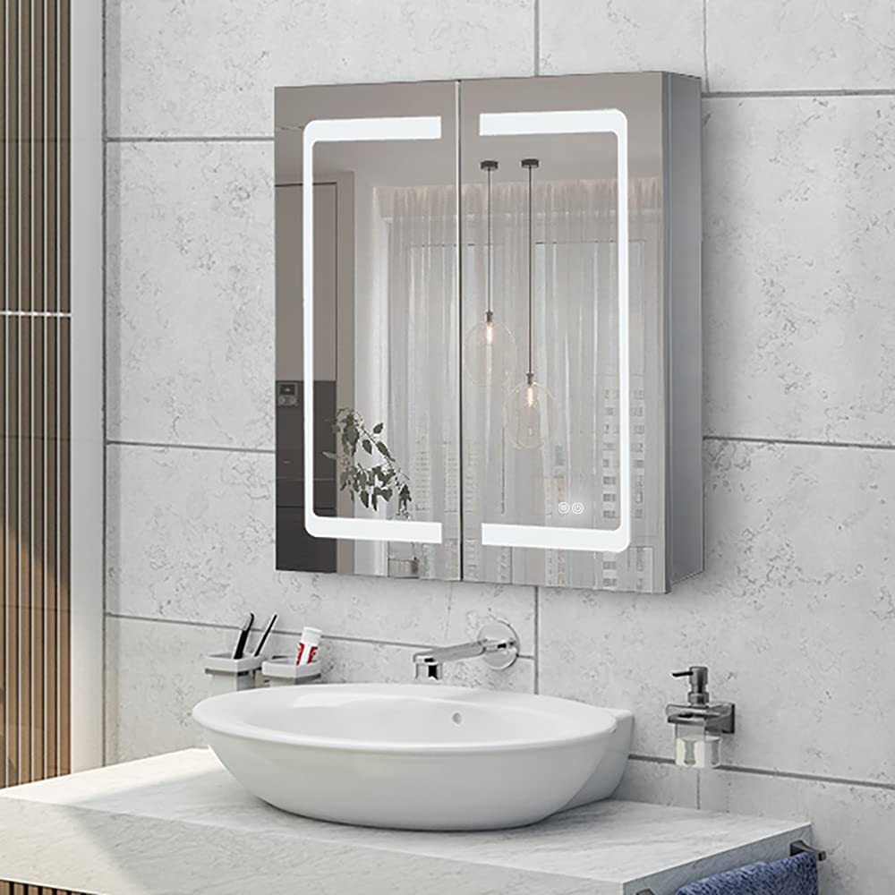 24 Inch X 28 Inch LED Illuminated Bathroom Mirror Cabinet - Stainless Steel Wall Mounted Medicine Cabinet with Touch Control, Color Changing, Dimmer & Anti-Fog Features - Perfect for Modern Bathrooms, Vanities and Makeup Areas