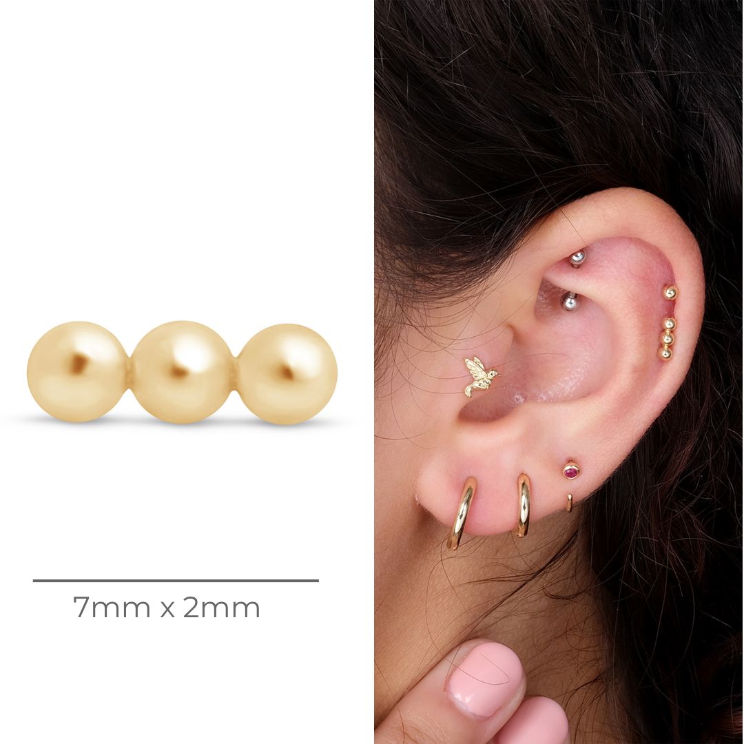 14K Solid Yellow Gold Three Bead Bar Flat Back Stud Earrings - Perfect for Everyday Wear, Gifts & Special Occasions