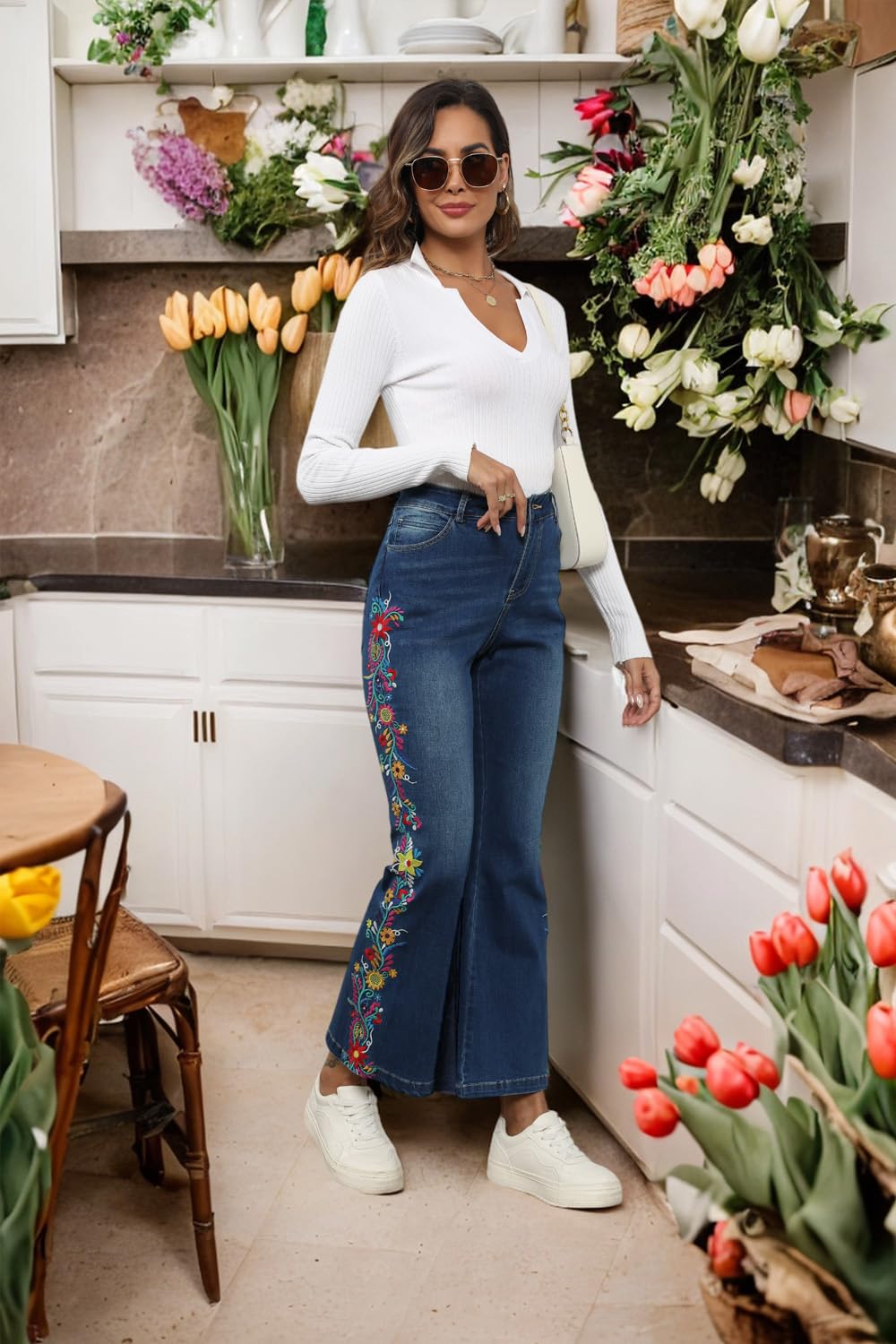 Trendy High Rise AK Flare Jeans for Women - Embroidered Denim with Pockets & Tummy Control for Casual Wear