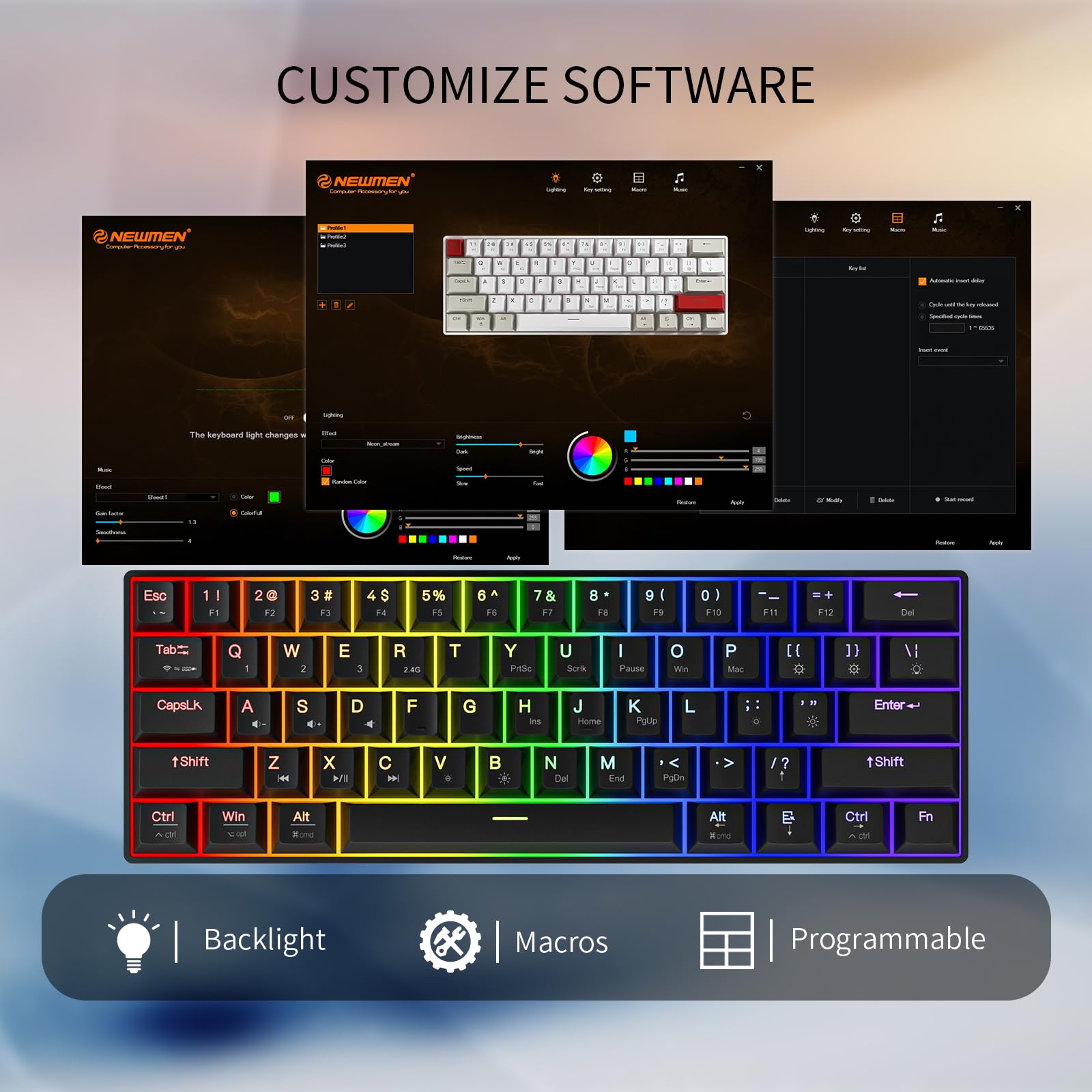NEWMEN GM610 Wireless Mechanical Keyboard - 60% Compact RGB Backlit, USB C Wired/Bluetooth/2.4Ghz, Hot Swappable with Anti-Ghosting, White (Black/Red Switch) for PC, Mac, Windows, Android - Perfect for Gaming, Office & Typing Enthusiasts