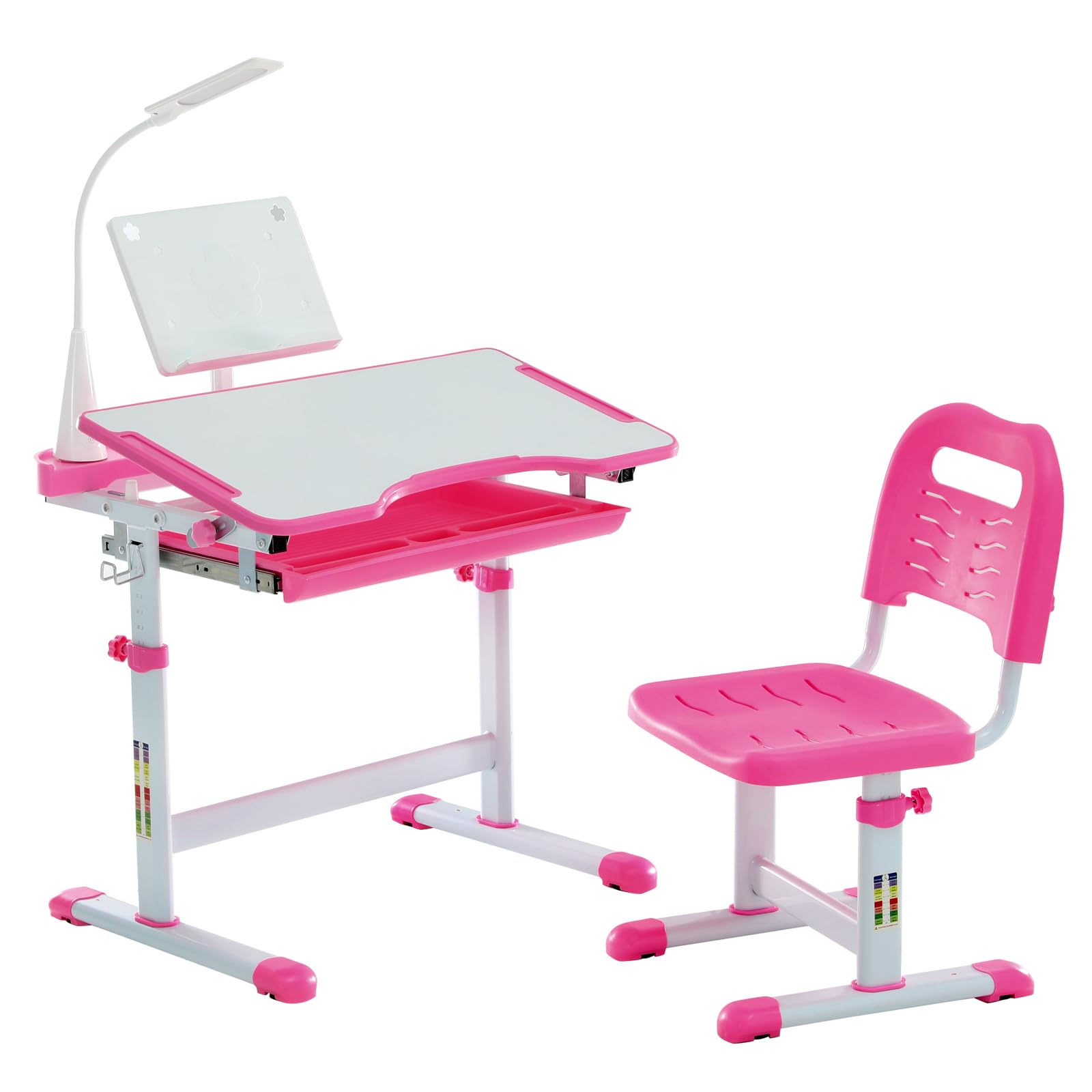 Diroan Adjustable Kids Study Desk and Chair Set - Ergonomic Height Adjustable Children's Desk with Tiltable Desktop, Book Stand, LED Light, Storage Drawer & Metal Hooks - Perfect for Homework, Reading & Online Learning (Pink)