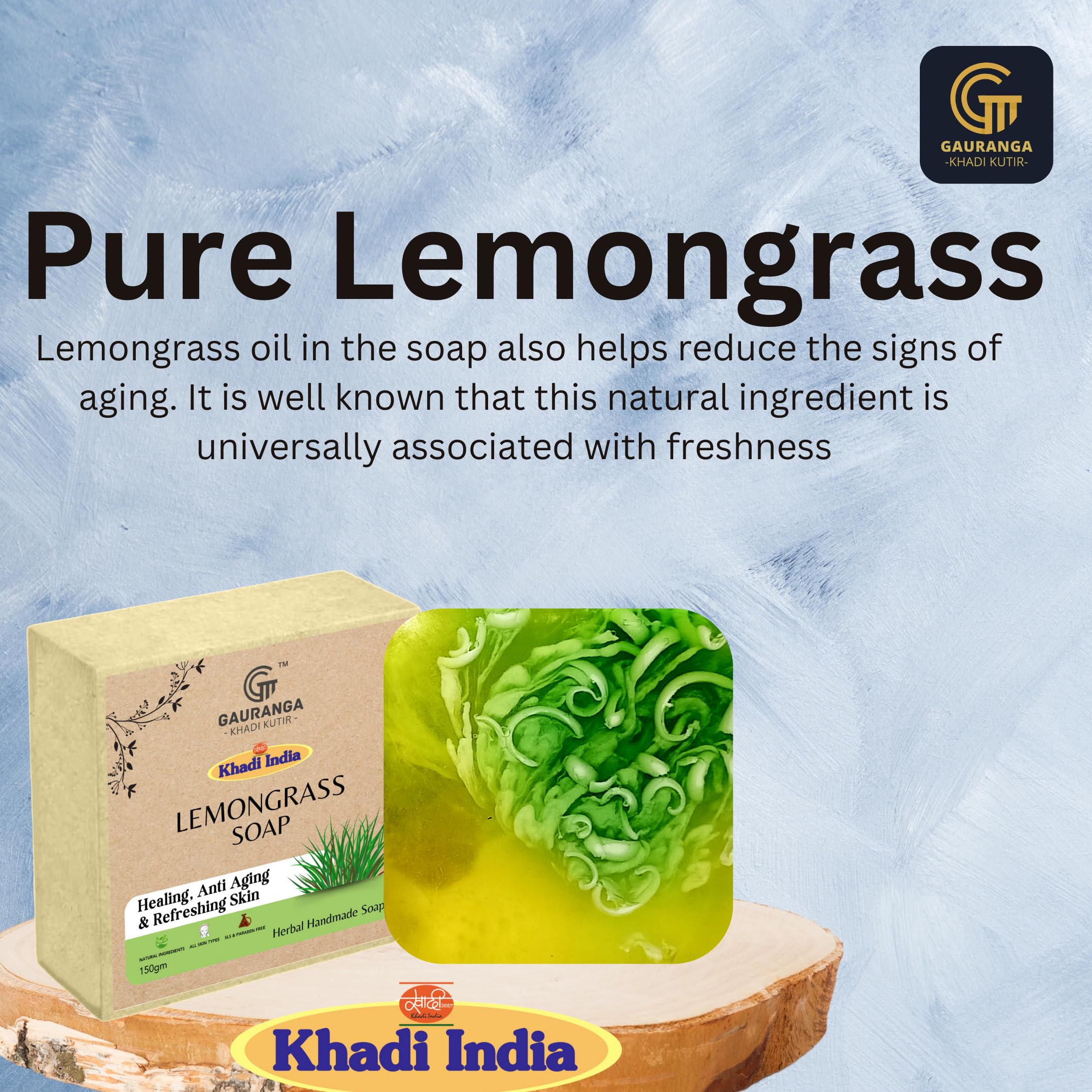 Gauranga Khadi Lemongrass Soap 150g - Natural Handmade Herbal Soap for Freshness & Oil Control - Clarifying Skin Care with Refreshing Lemongrass Scent - Vegan Bath Bar for Men & Women - Perfect for Daily Cleansing & Spa Relaxation