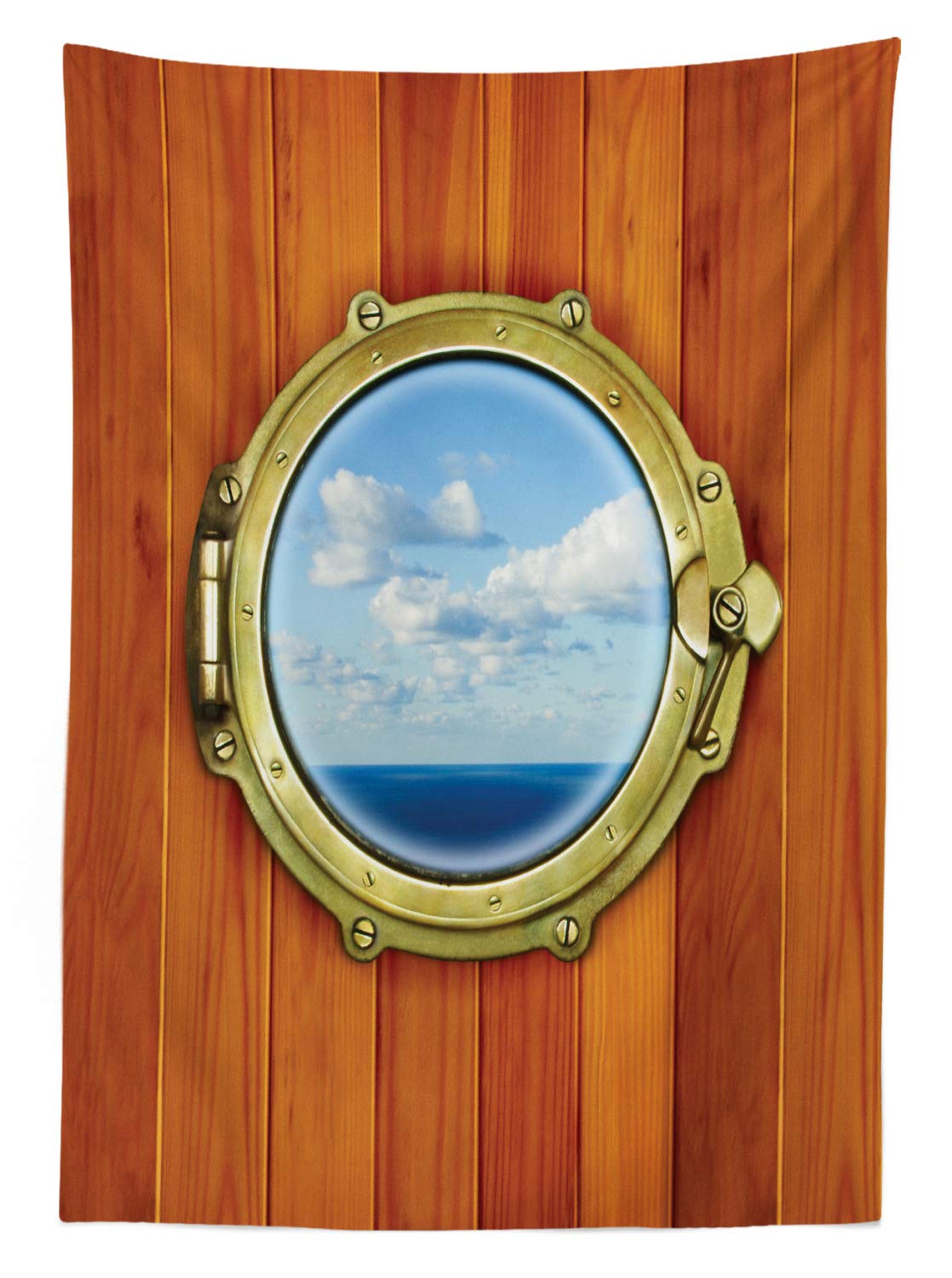 Ambesonne Nautical Outdoor Tablecloth - Waterproof Washable Picnic Table Cover with Porthole Wooden Window & Old Sailing Ship Print, 58