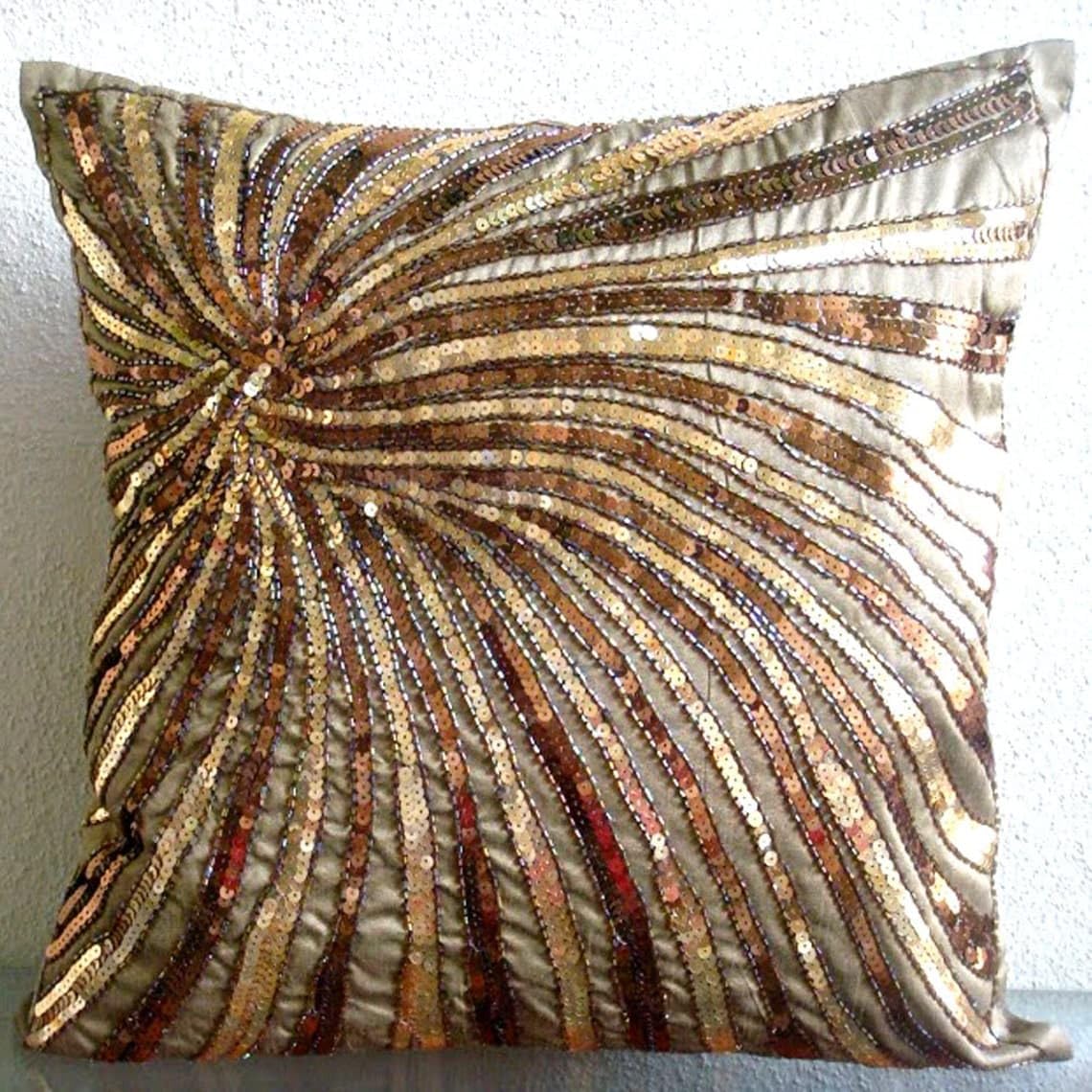 Premium Silk Euro Pillow Covers 26x26 Inch (65x65 cm) - Modern Abstract Brown Designer Cushion Covers for Sofa, Bed & Home Decor - Easter Gold Bloom Pattern - Luxury Living Room & Bedroom Accent Pillow Shams