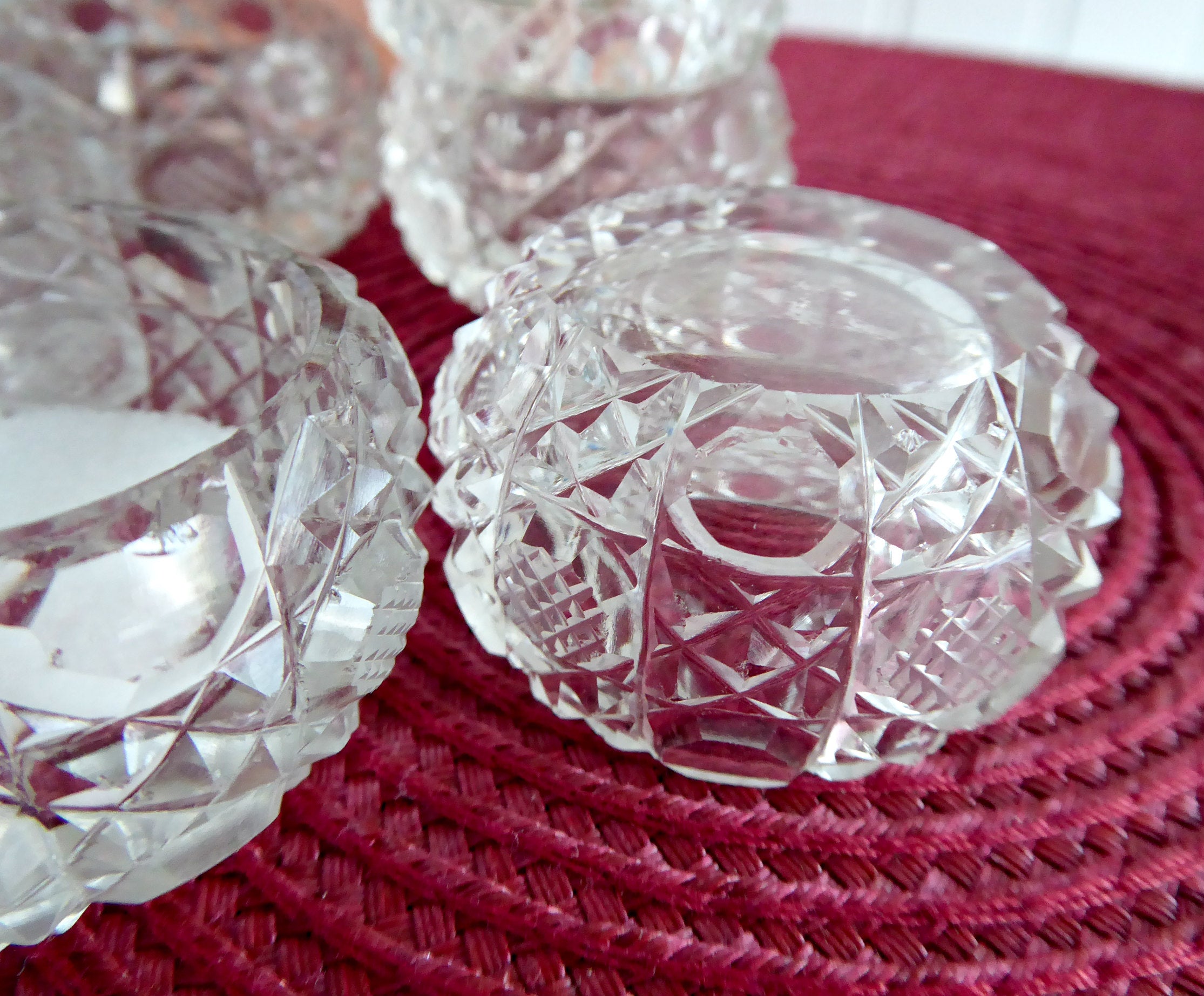 6-Piece Edwardian Open Salt Cellars Set - Faceted Crystal Salt Dishes with Waffle Button Diamond Design for Elegant Dining & Table Decor
