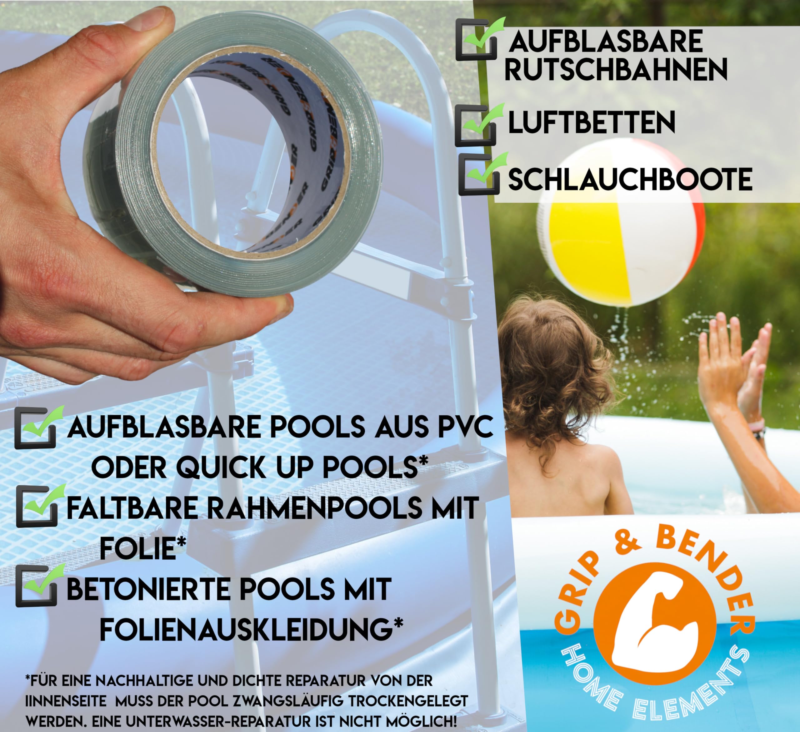 GRIP&BENDER PVC Reparatur-Klebeband (5Meter) Transparent - Wasserdichtes Tape zum Abdichten, Selbstklebendes Flick-Set (55mm x 5m) für Dach, Fenster, Rohre & mehr