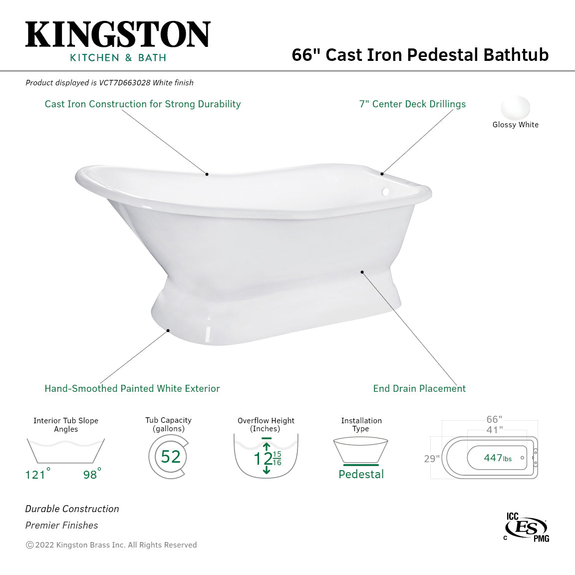 Aqua Eden 66 Inch White Cast Iron D-Shaped Single Slipper Pedestal Bathtub with 7-Inch Faucet Drillings - Freestanding Soaking Tub for Luxury Bathroom & Spa Relaxation