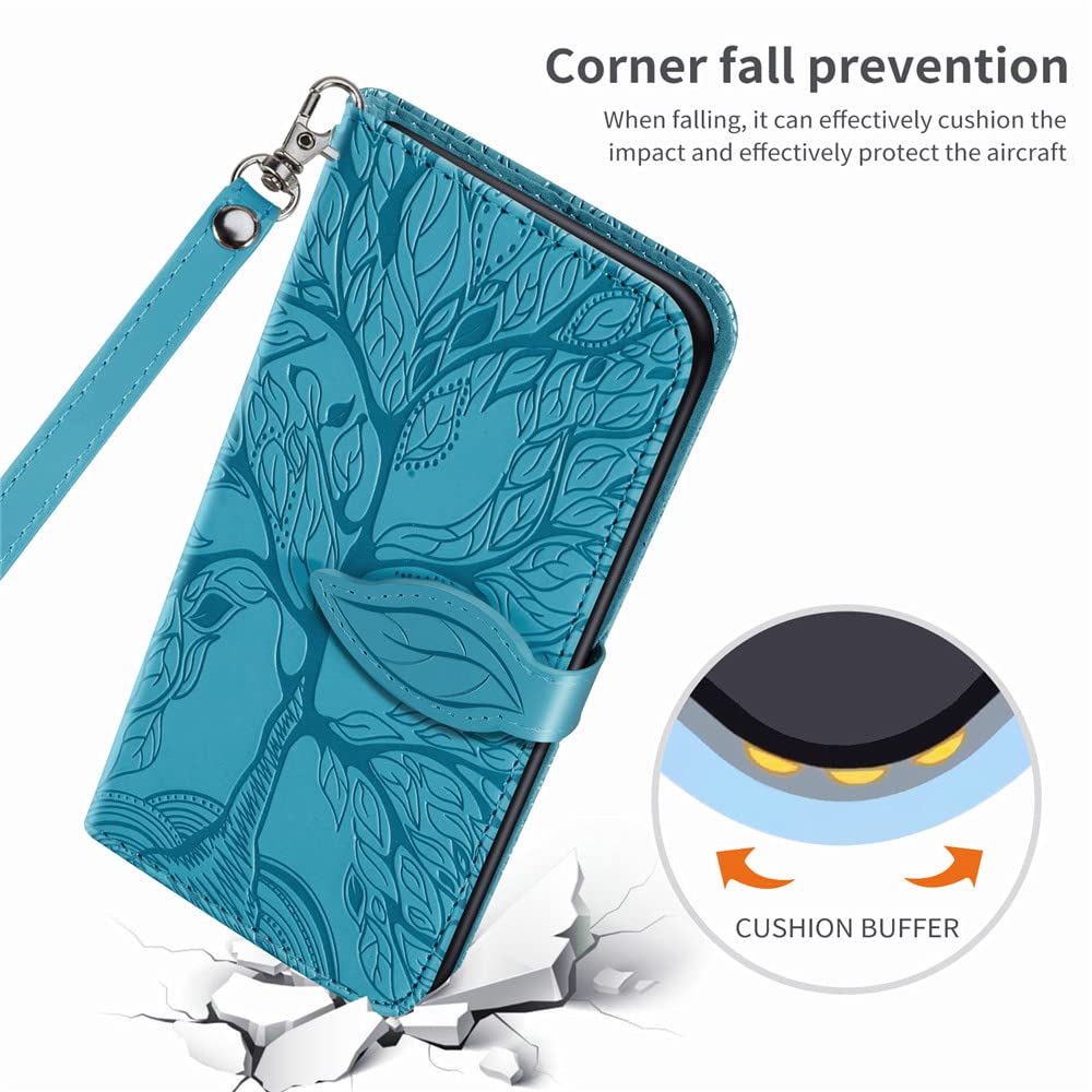 Premium PU Leather Samsung Galaxy A12 Case with Kickstand & Card Slots - Embossed Tree Design, Folio Flip Cover with Wrist Strap for 6.5