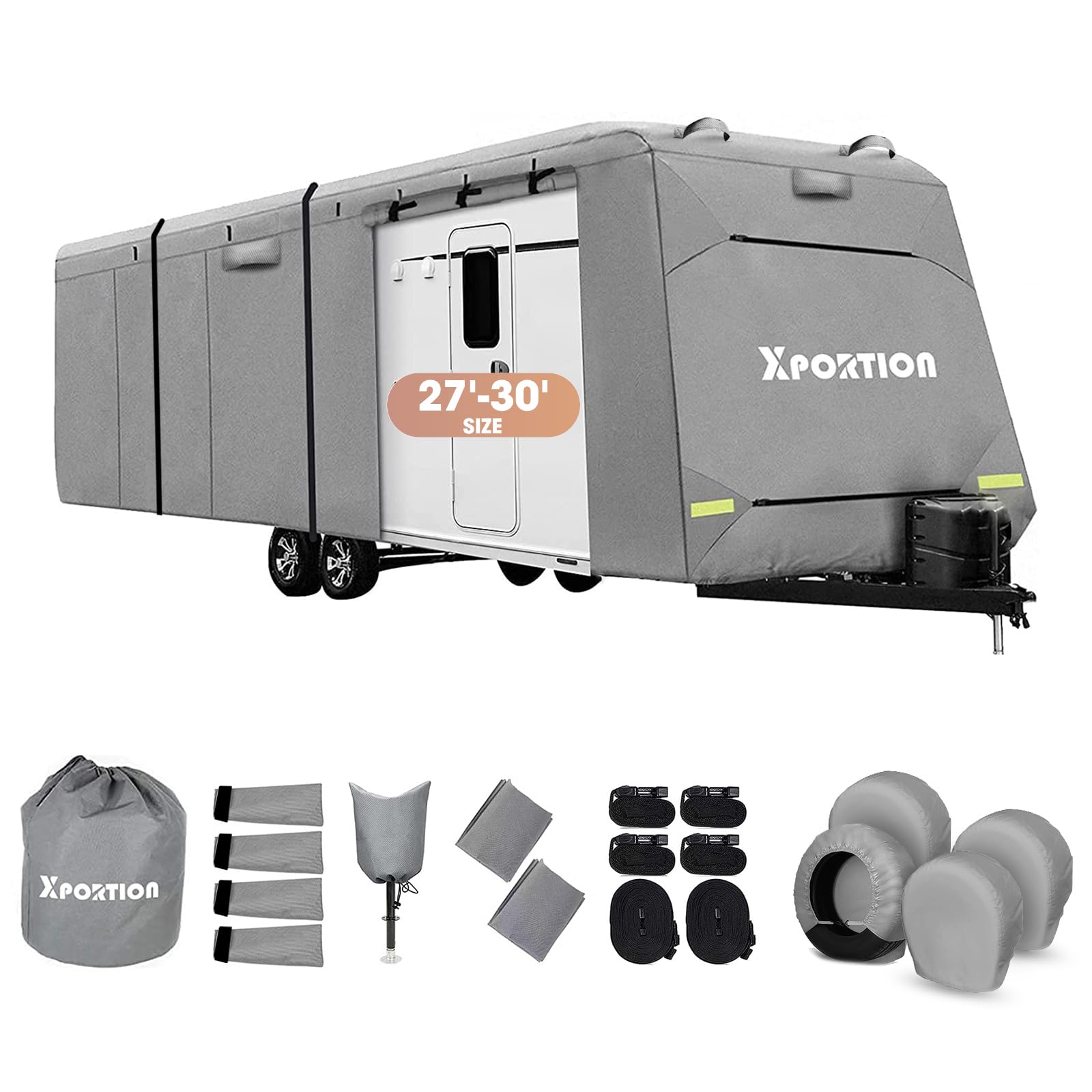 16ft to 36ft RV Cover - Waterproof & UV Resistant Travel Trailer Cover for 27-30ft Campers | Heavy Duty Camper Cover with Gutter Jack Protection | Perfect for Outdoor Storage & Winter Camping