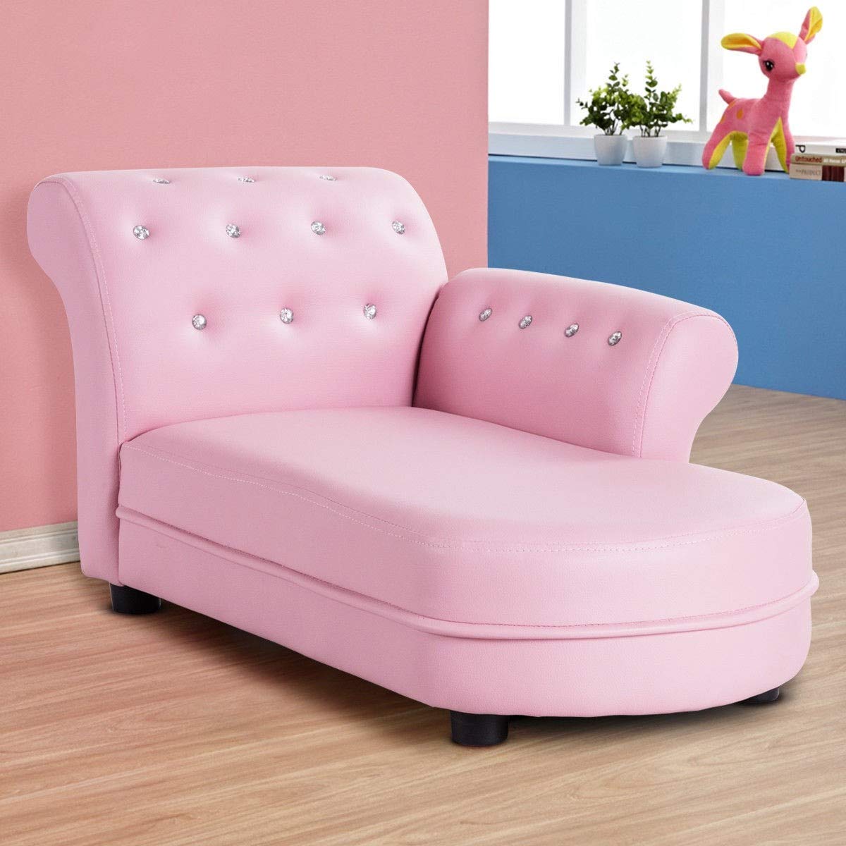 Kanizz Deluxe Kids Sofa - Sturdy PVC Leather Lounge Chair with Diamond Button Design, Pink Armrest Couch for Living Room & Bedroom - Perfect for Napping, Reading & Relaxing