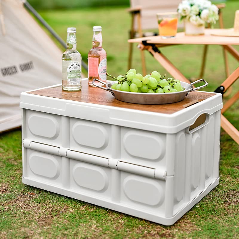 55L Collapsible Storage Bin with Wooden Lid - Waterproof Foldable Organizer for Groceries, Camping, Picnic - Perfect for Home, Car, Outdoor & Travel Storage